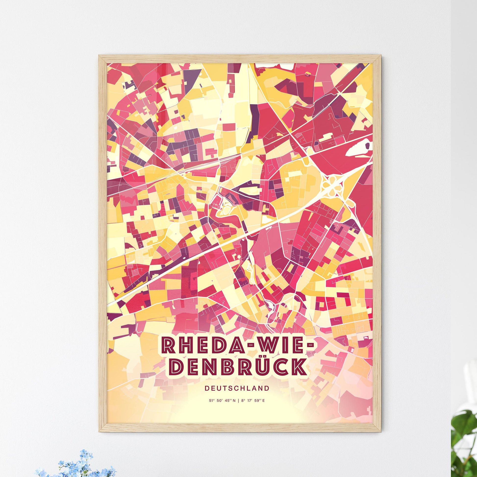 Colorful RHEDA-WIEDENBRUCK GERMANY Fine Art Map Hot Red