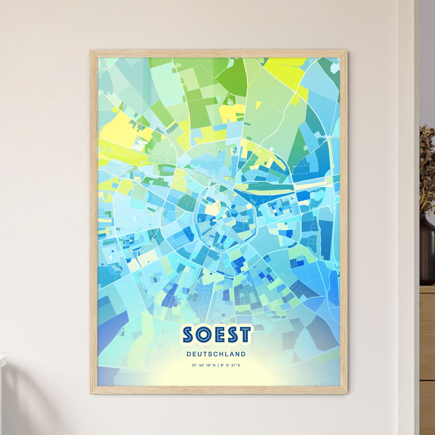 Colorful SOEST GERMANY Fine Art Map Cool Blue