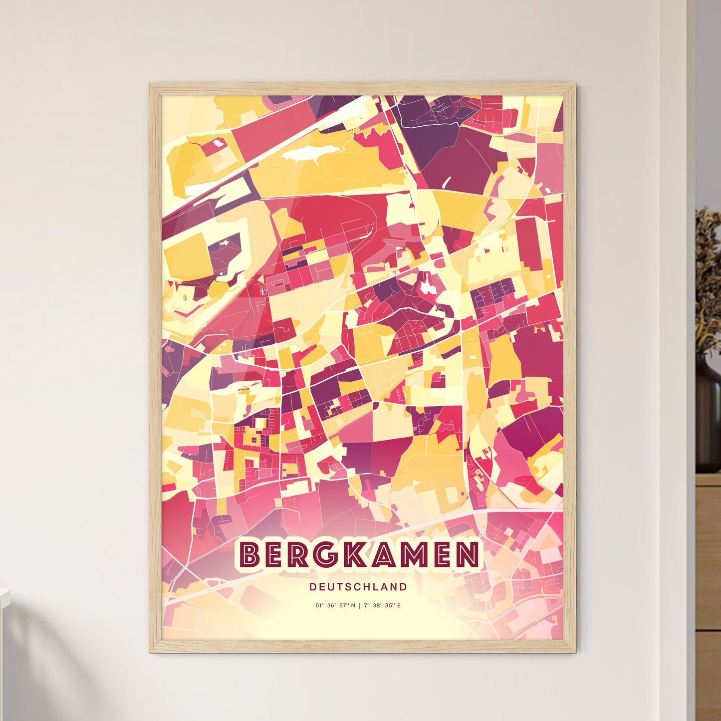 Colorful BERGKAMEN GERMANY Fine Art Map Hot Red