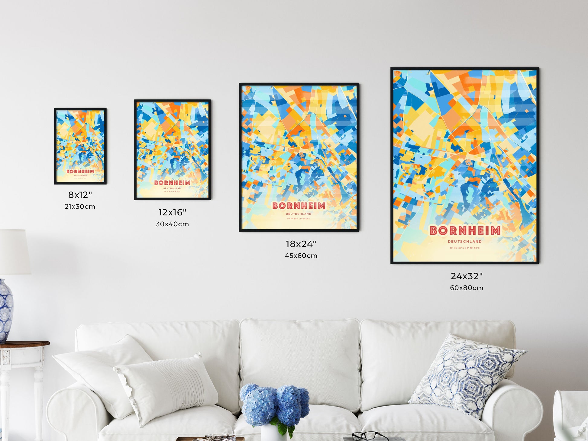 Colorful BORNHEIM GERMANY Fine Art Map Blue Orange