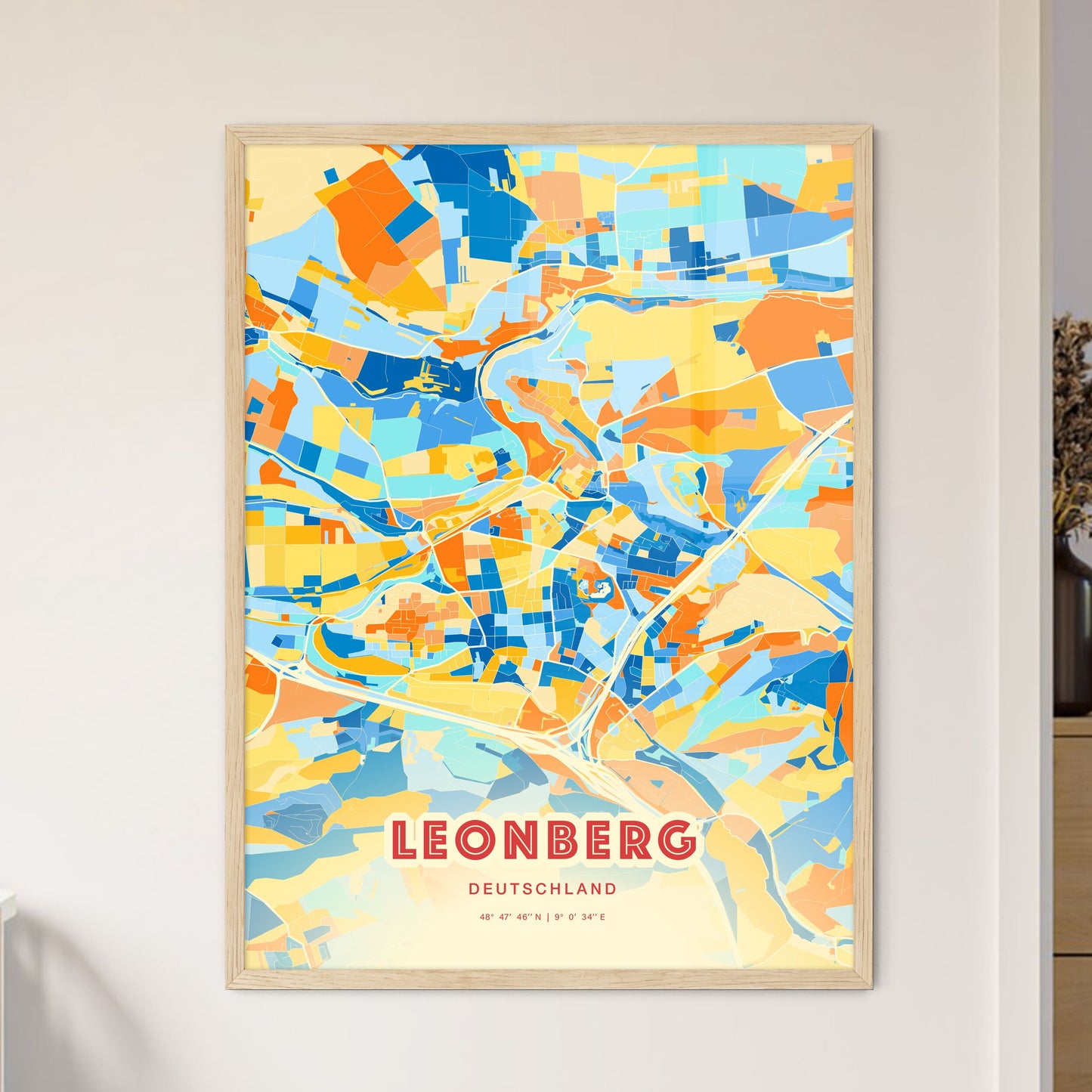 Colorful LEONBERG GERMANY Fine Art Map Blue Orange