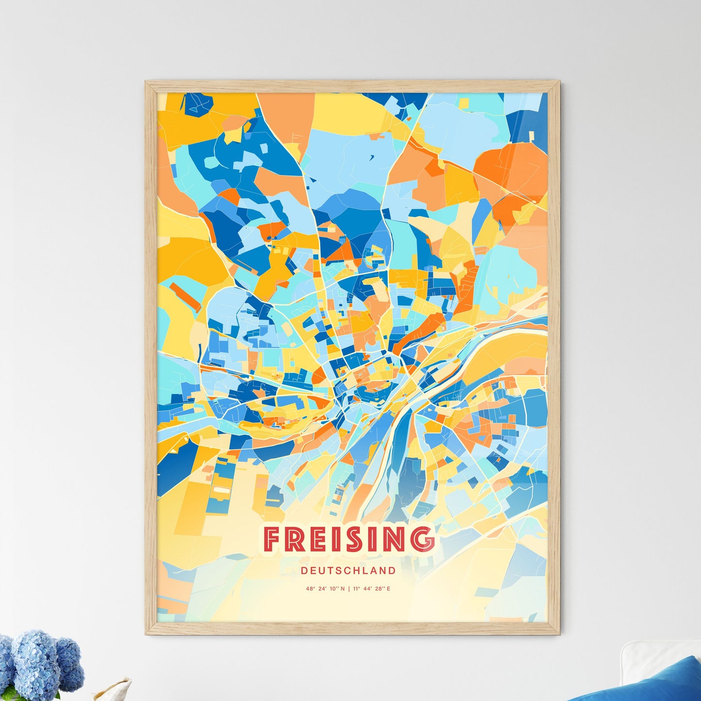 Colorful FREISING GERMANY Fine Art Map Blue Orange