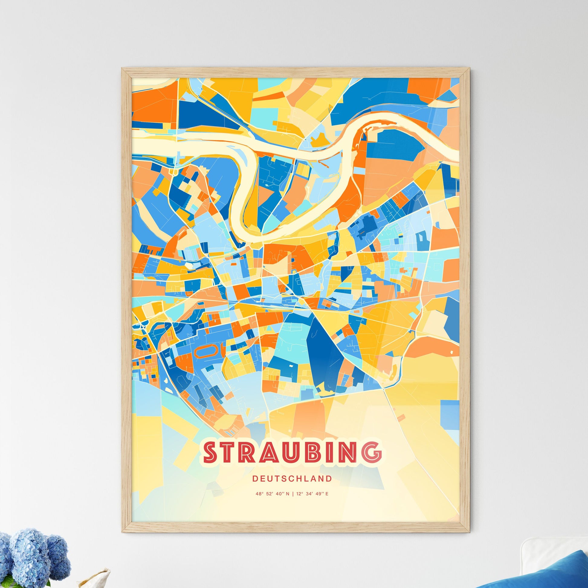 Colorful Straubing Germany Fine Art Map Blue Orange