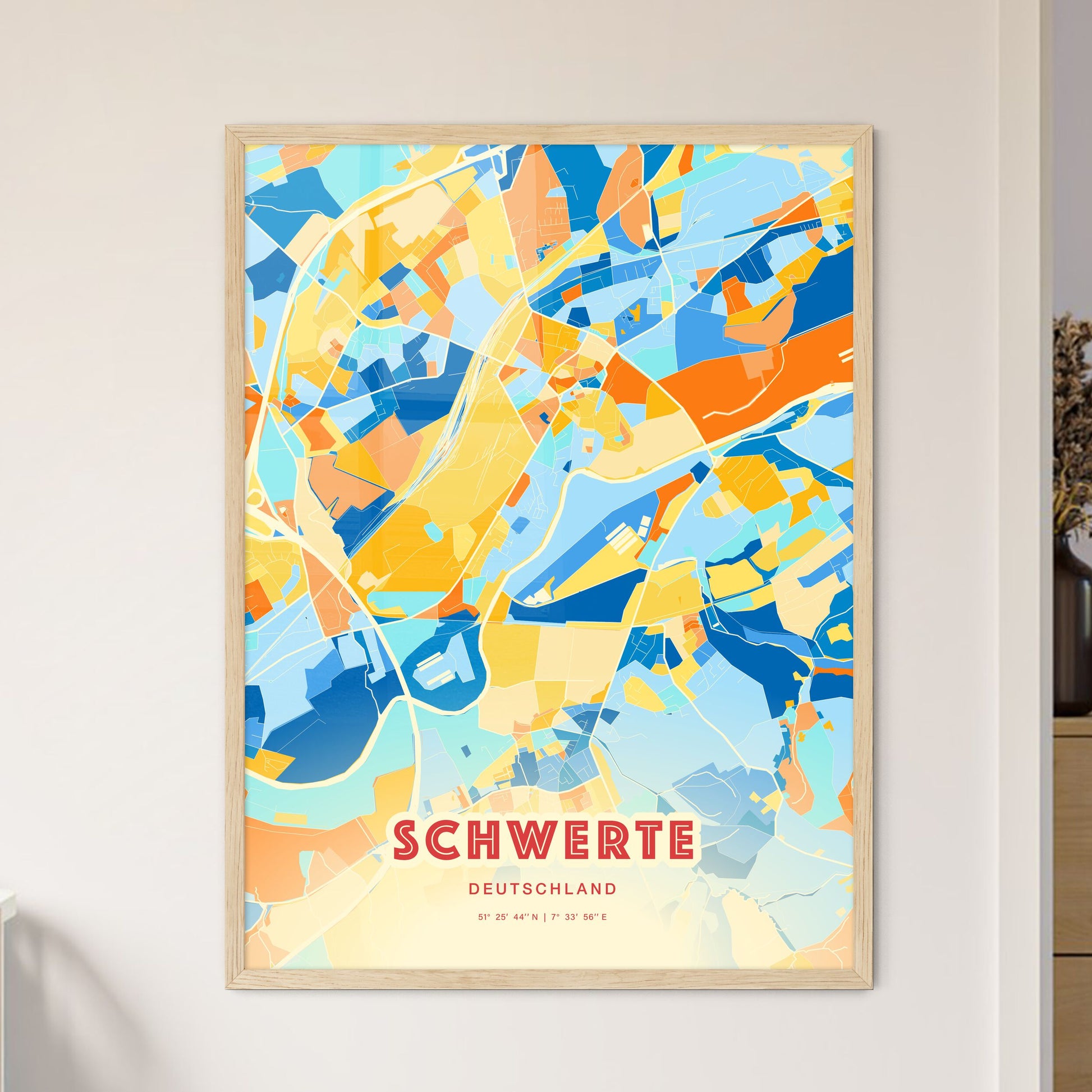 Colorful SCHWERTE GERMANY Fine Art Map Blue Orange