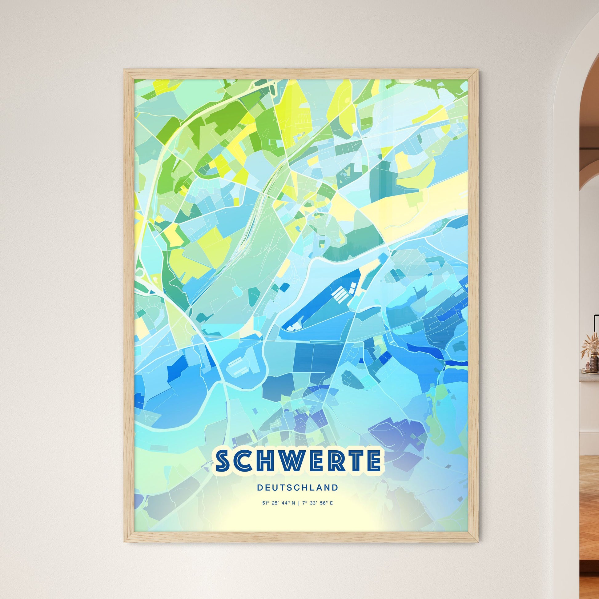 Colorful SCHWERTE GERMANY Fine Art Map Cool Blue