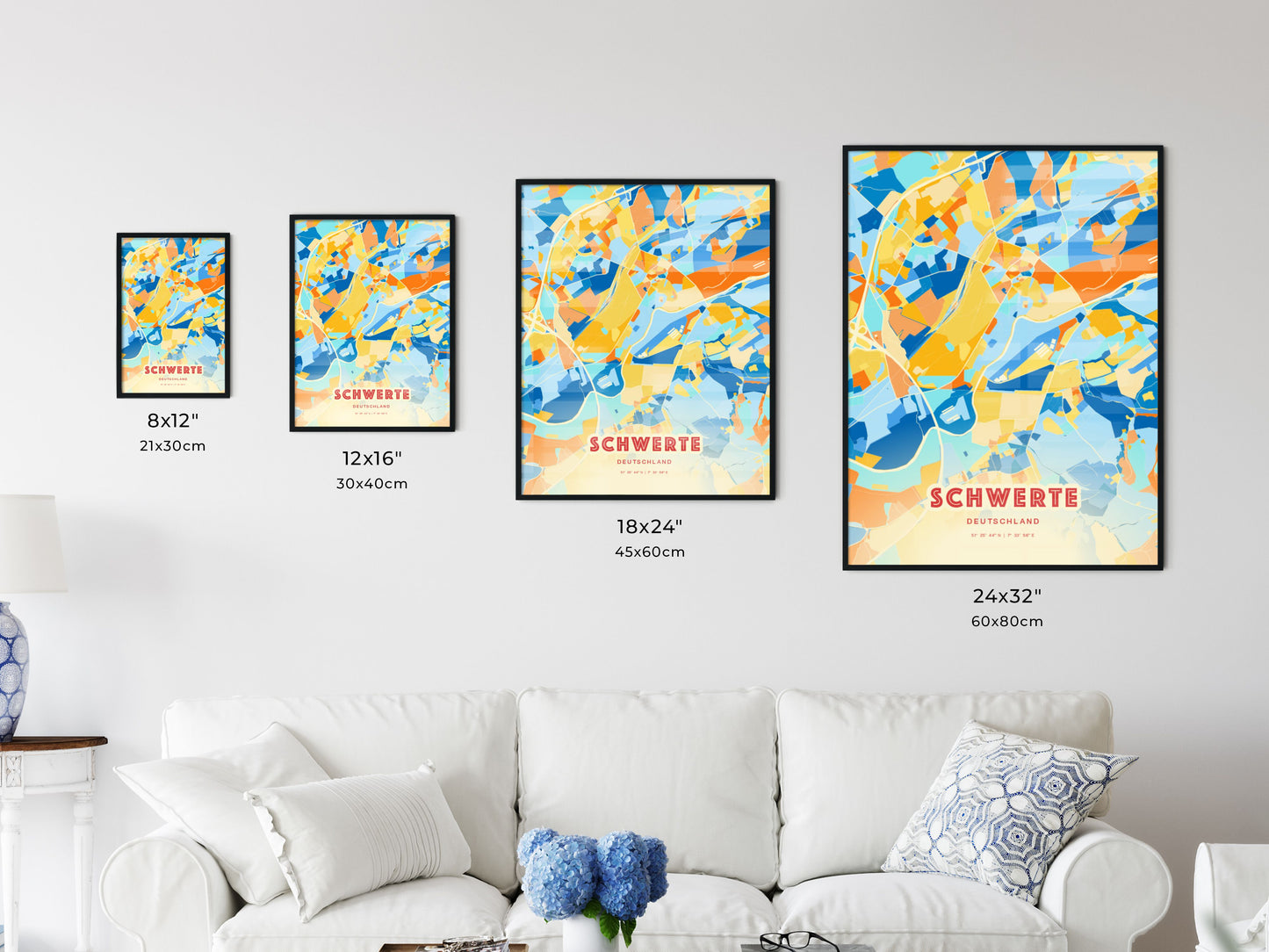 Colorful SCHWERTE GERMANY Fine Art Map Blue Orange