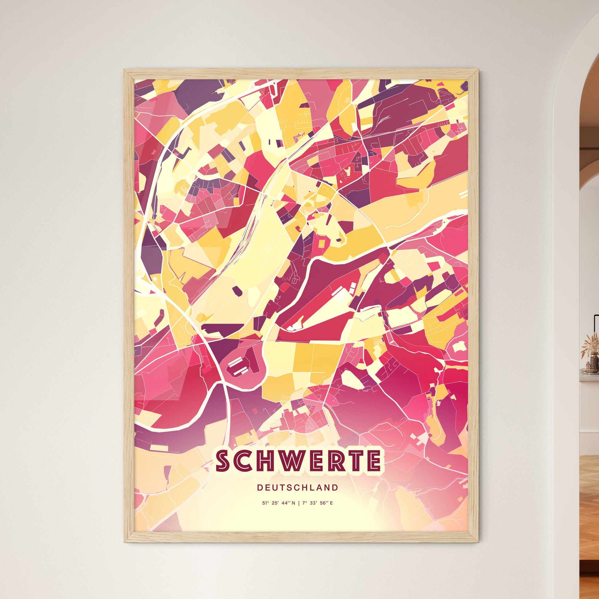 Colorful SCHWERTE GERMANY Fine Art Map Hot Red