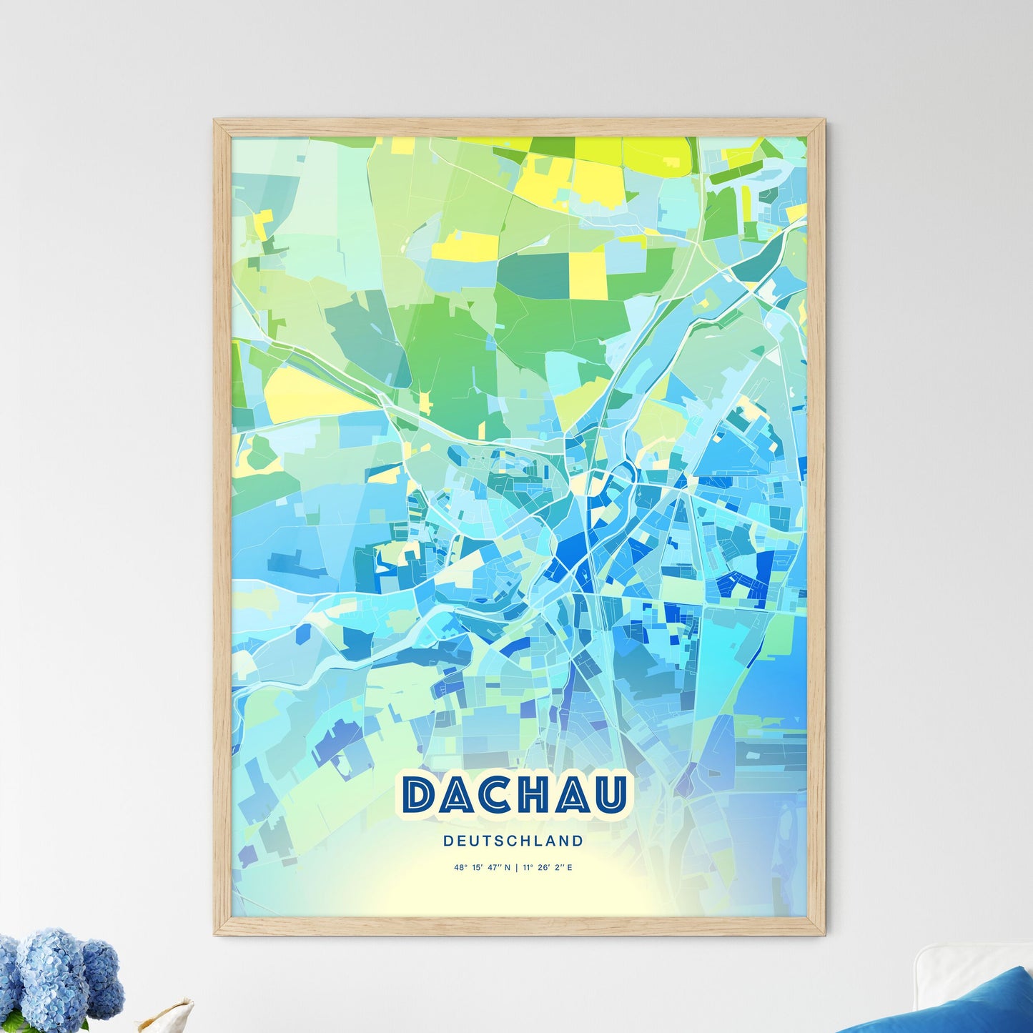 Colorful DACHAU GERMANY Fine Art Map Cool Blue