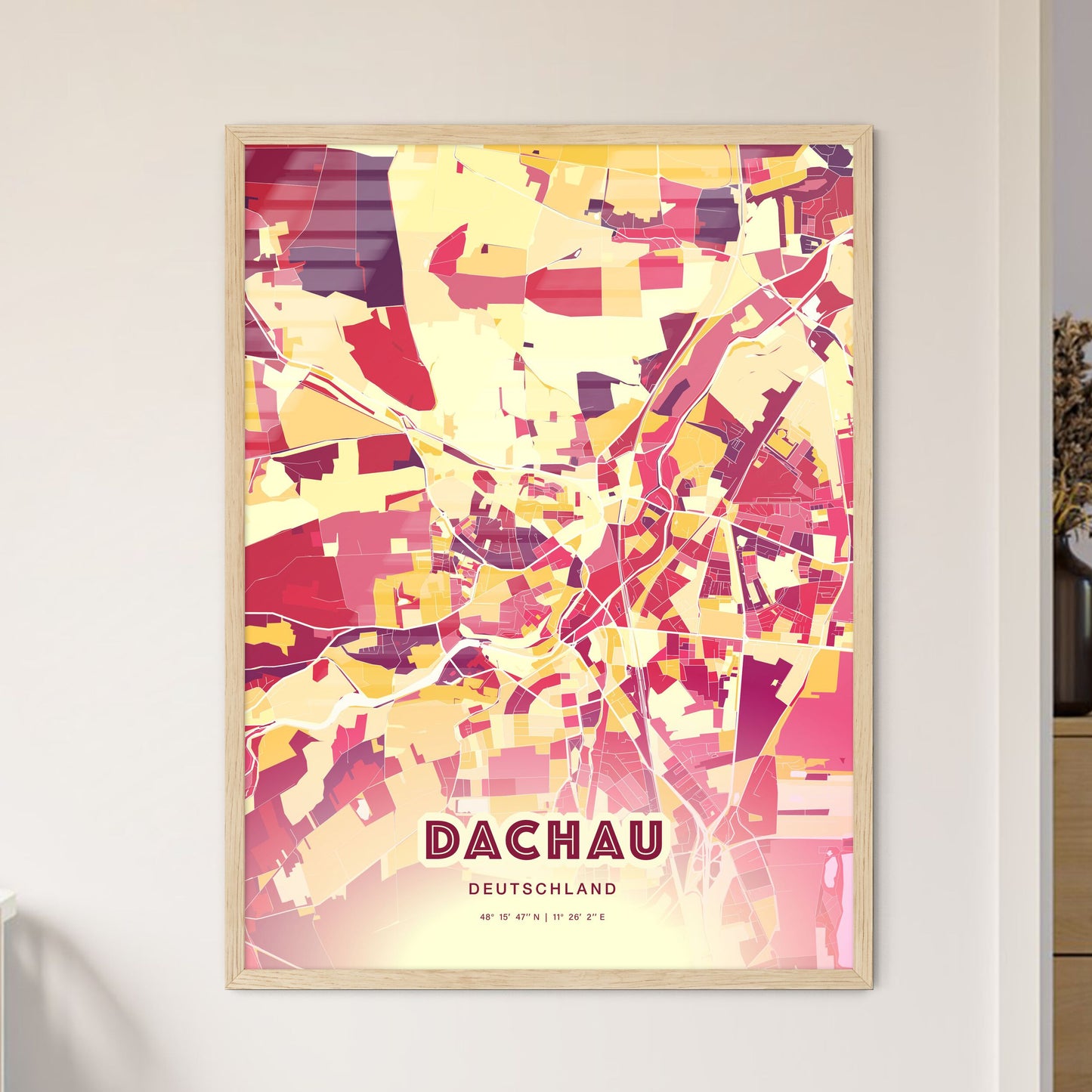 Colorful DACHAU GERMANY Fine Art Map Hot Red