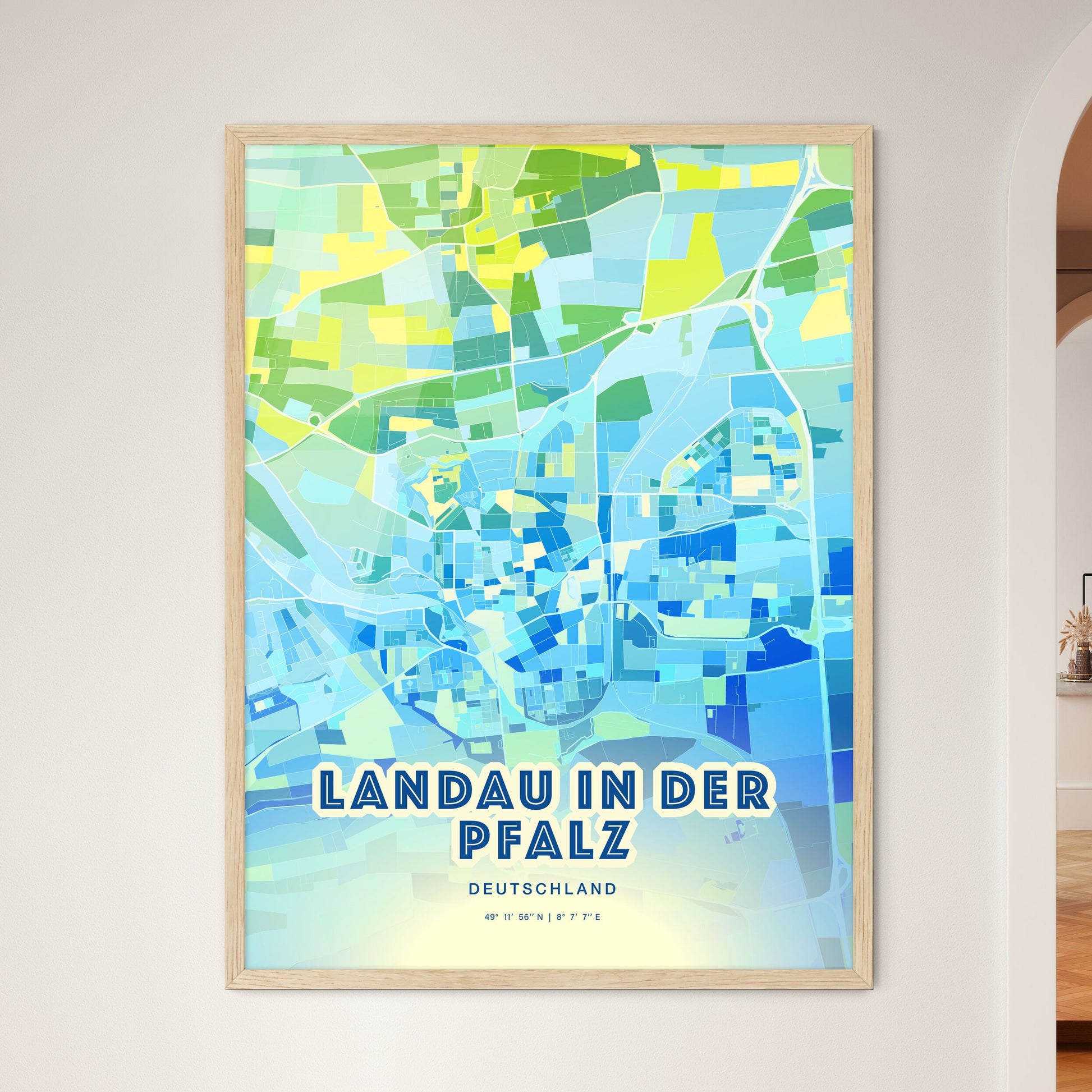 Colorful LANDAU IN DER PFALZ GERMANY Fine Art Map Cool Blue