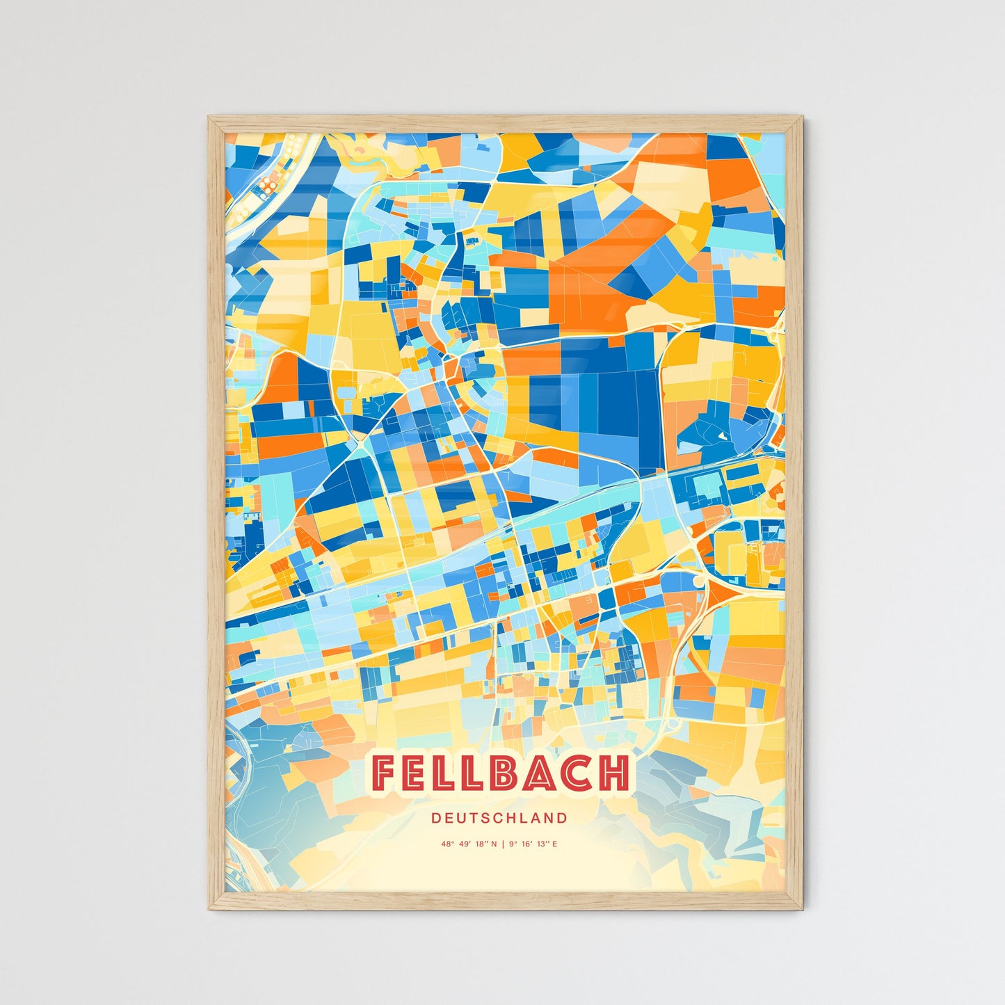 Colorful FELLBACH GERMANY Fine Art Map Blue Orange