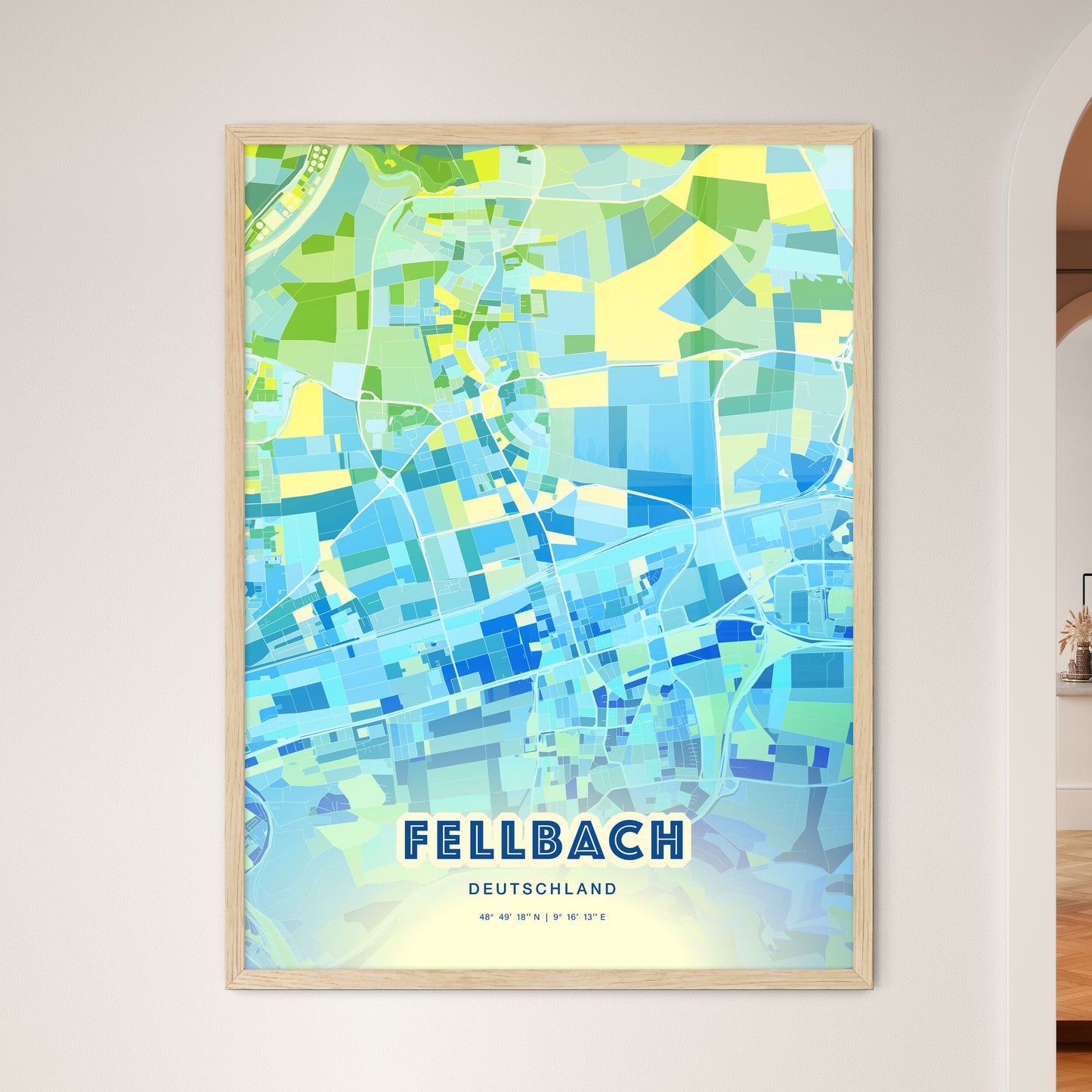 Colorful FELLBACH GERMANY Fine Art Map Cool Blue