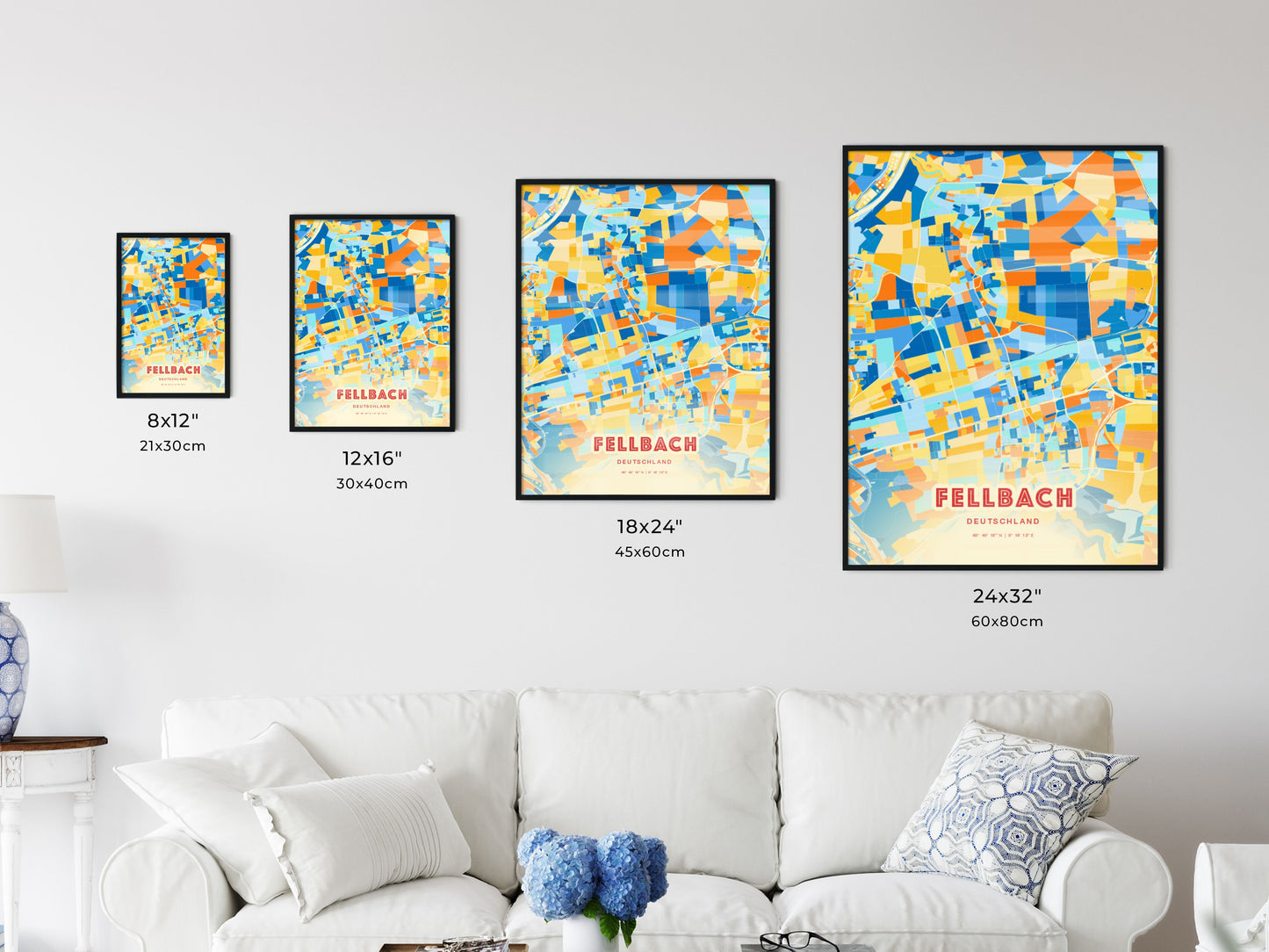 Colorful FELLBACH GERMANY Fine Art Map Blue Orange