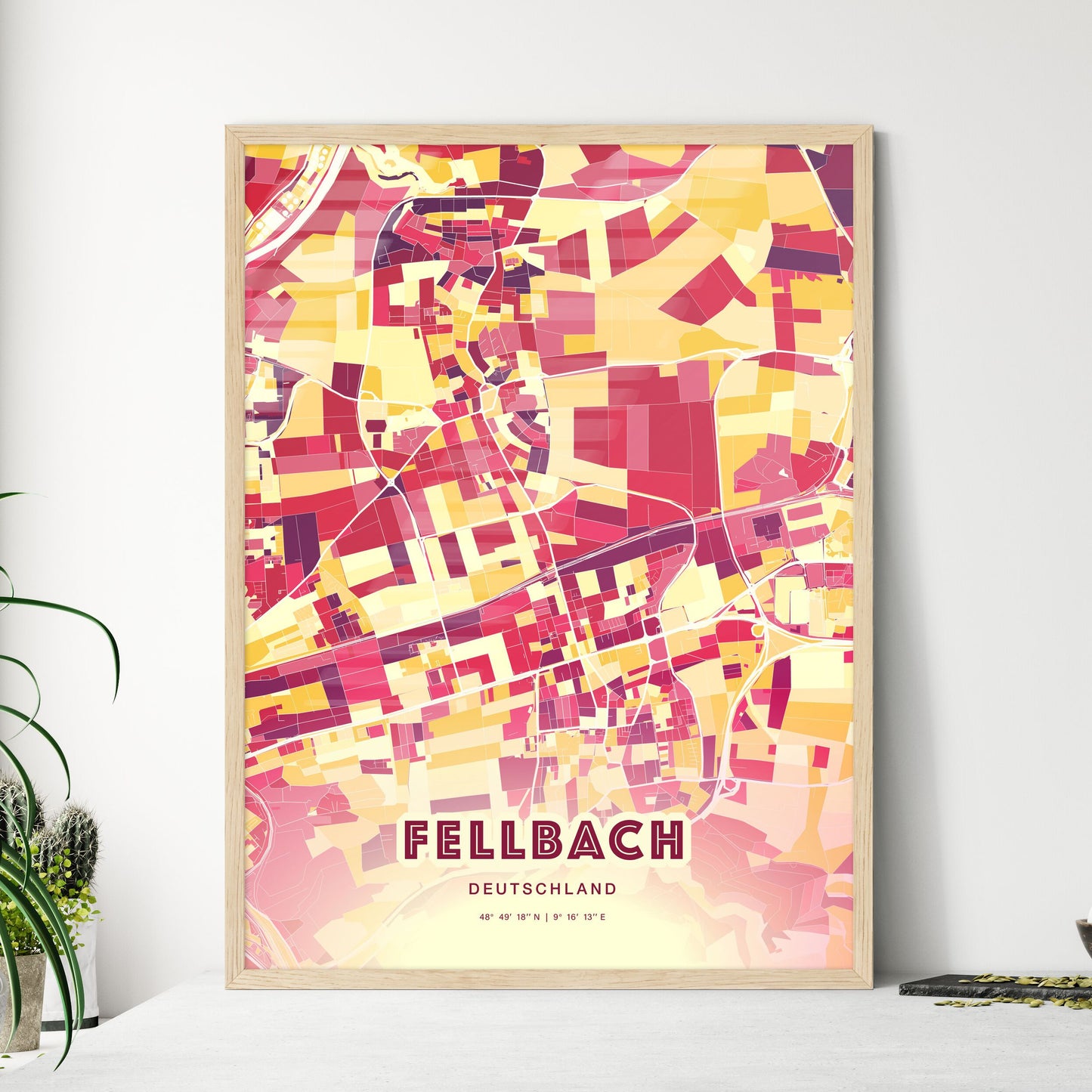 Colorful FELLBACH GERMANY Fine Art Map Hot Red