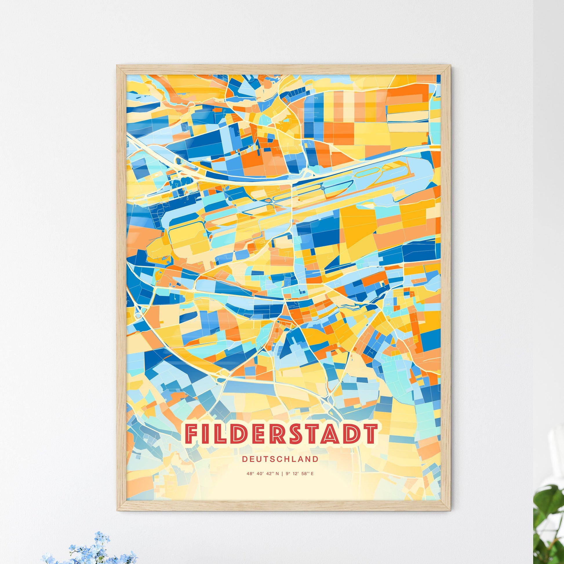 Colorful FILDERSTADT GERMANY Fine Art Map Blue Orange