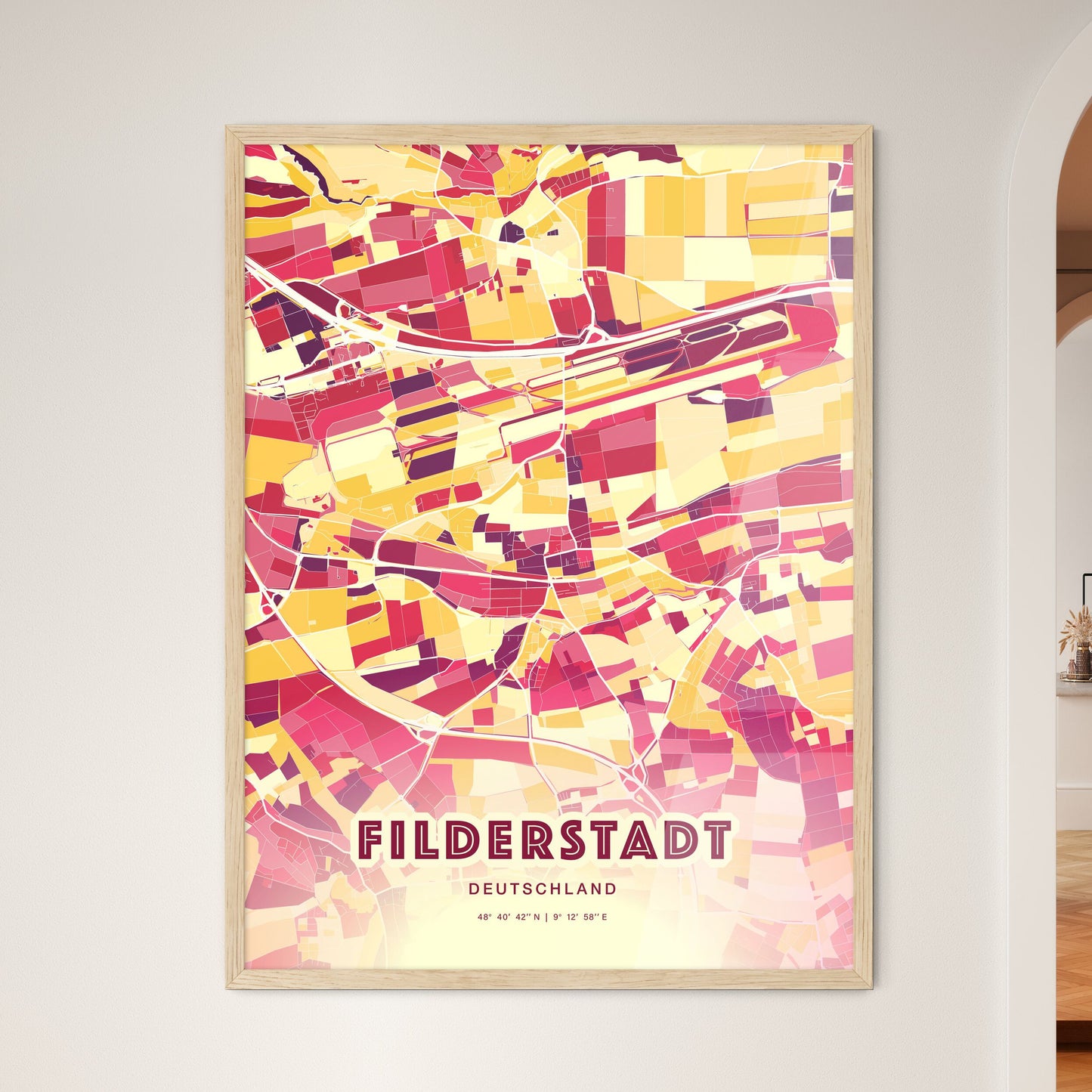 Colorful FILDERSTADT GERMANY Fine Art Map Hot Red