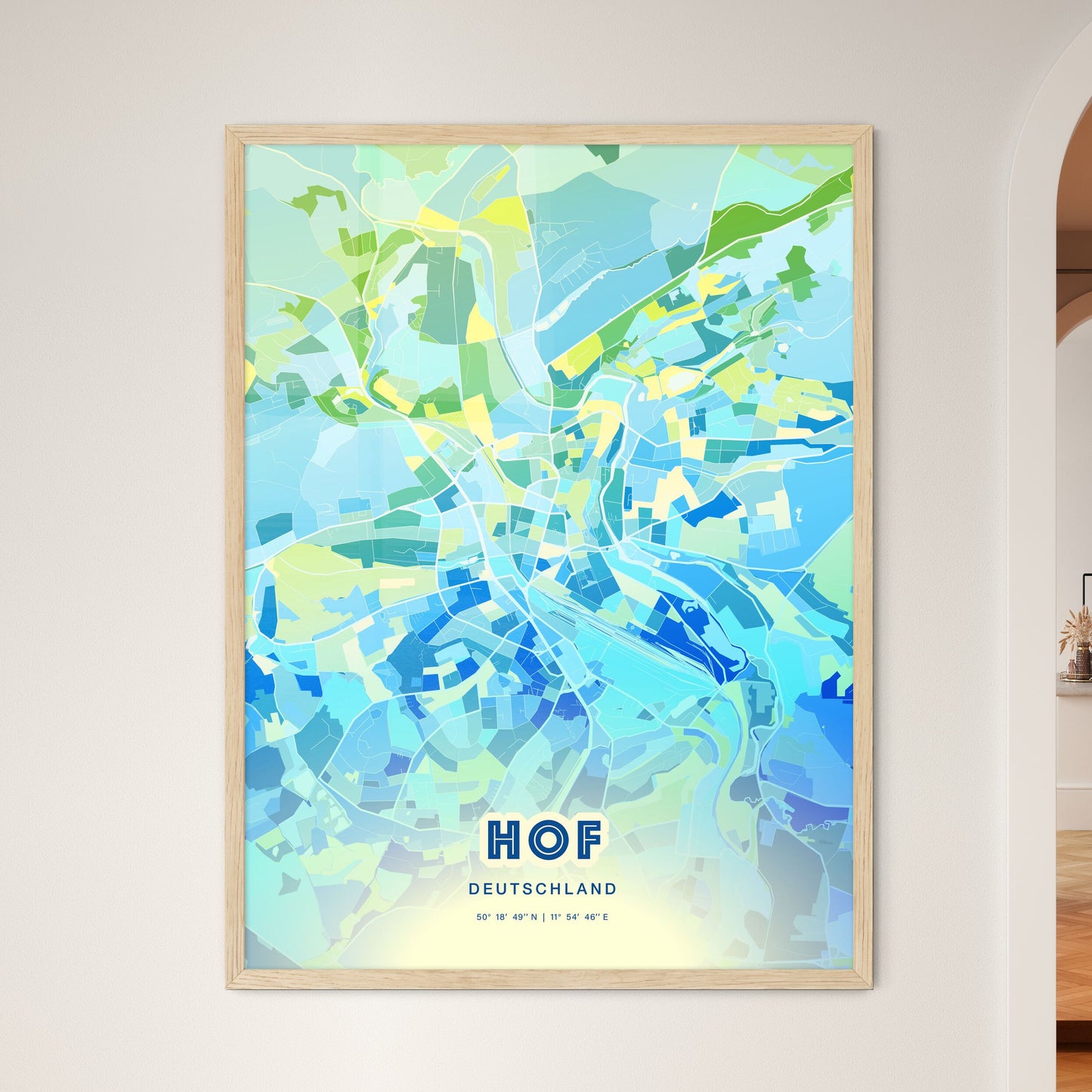 Colorful HOF GERMANY Fine Art Map Cool Blue