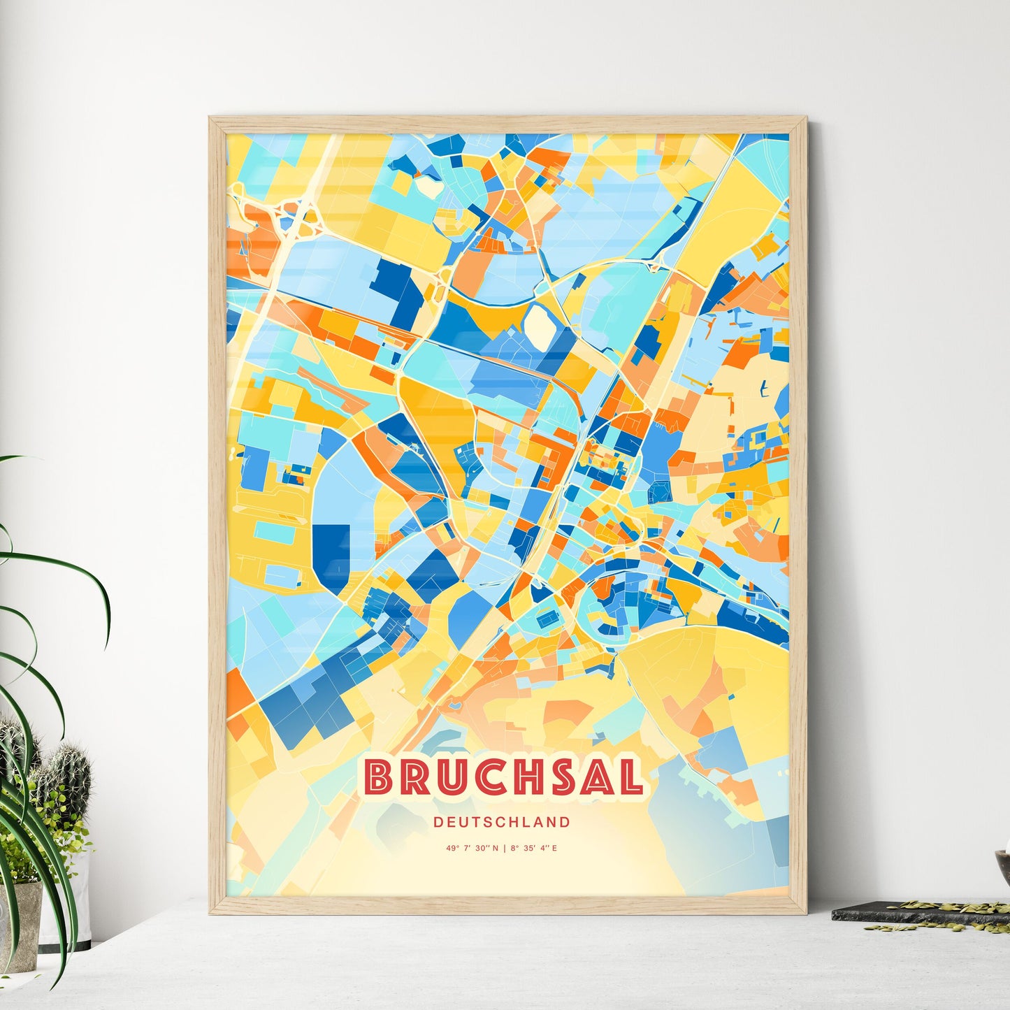 Colorful BRUCHSAL GERMANY Fine Art Map Blue Orange