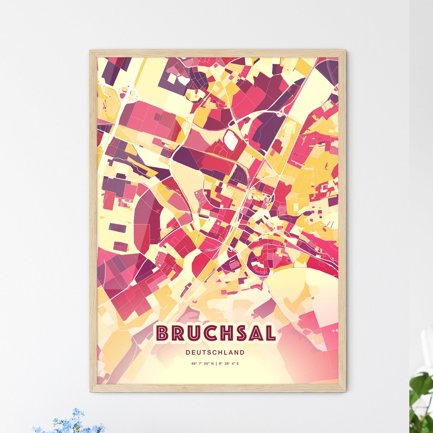 Colorful BRUCHSAL GERMANY Fine Art Map Hot Red