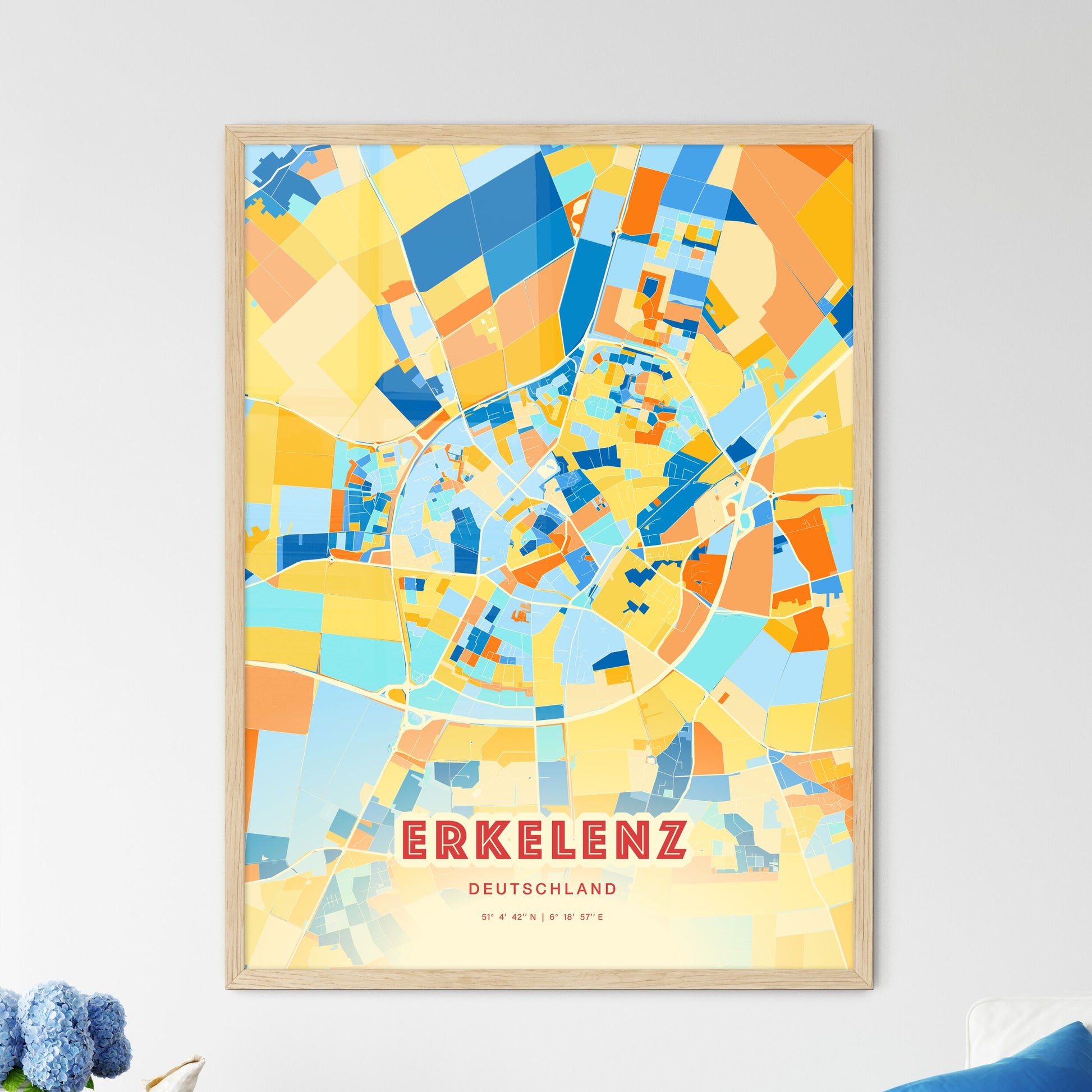 Colorful ERKELENZ GERMANY Fine Art Map Blue Orange