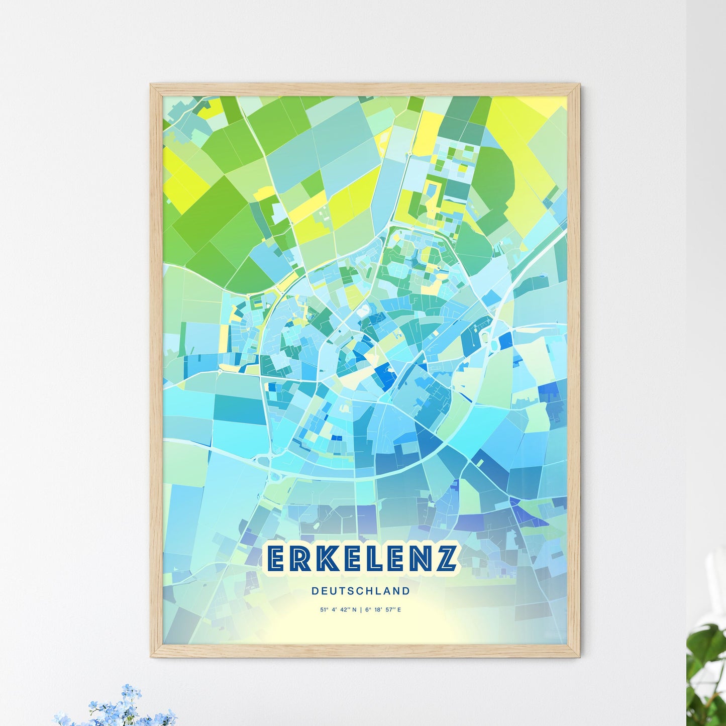 Colorful ERKELENZ GERMANY Fine Art Map Cool Blue