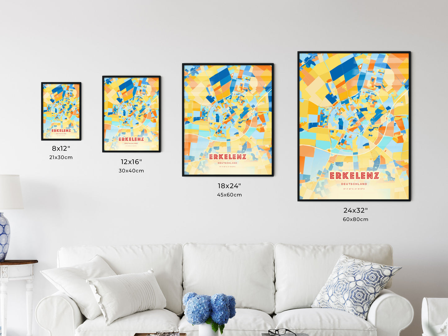 Colorful ERKELENZ GERMANY Fine Art Map Blue Orange