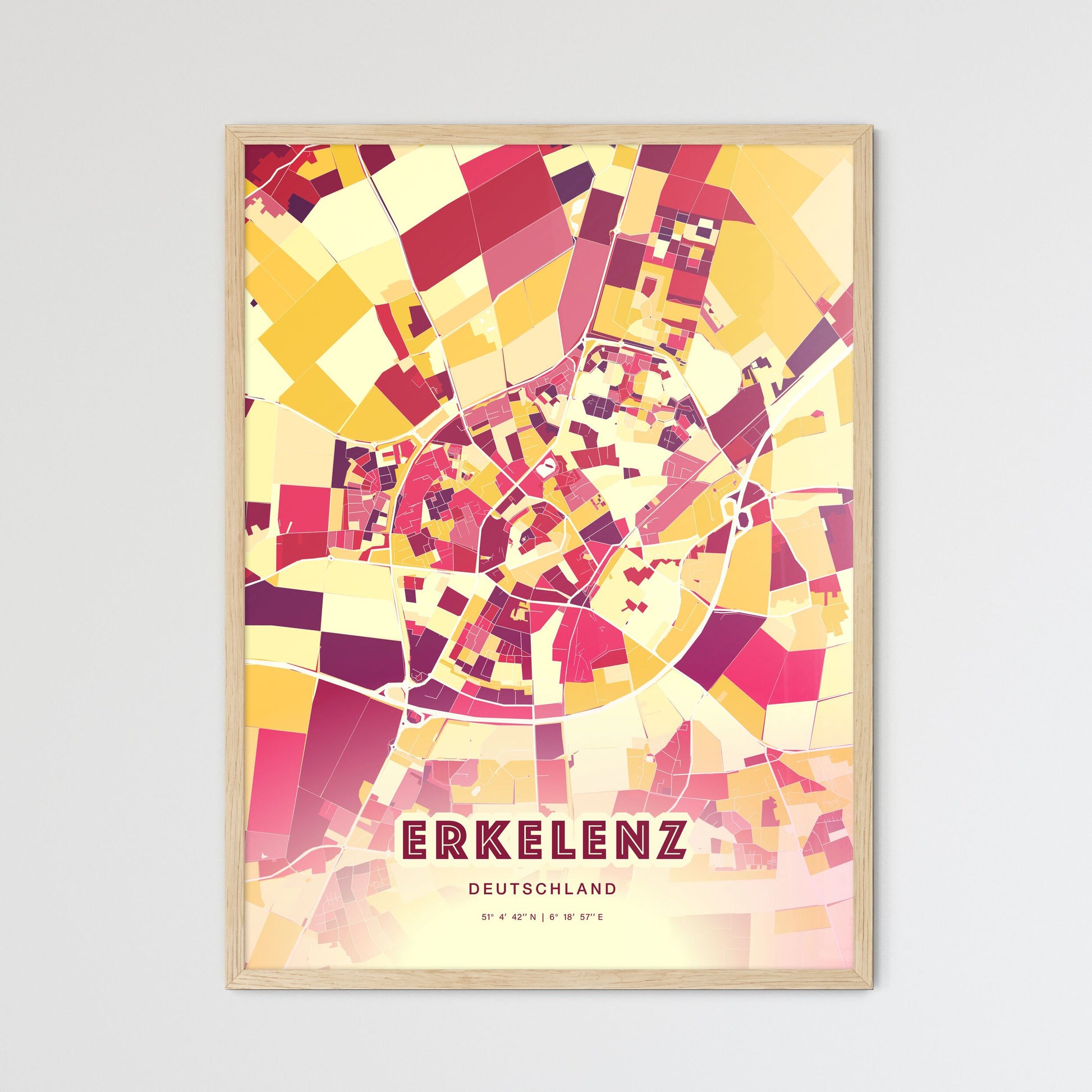 Colorful ERKELENZ GERMANY Fine Art Map Hot Red