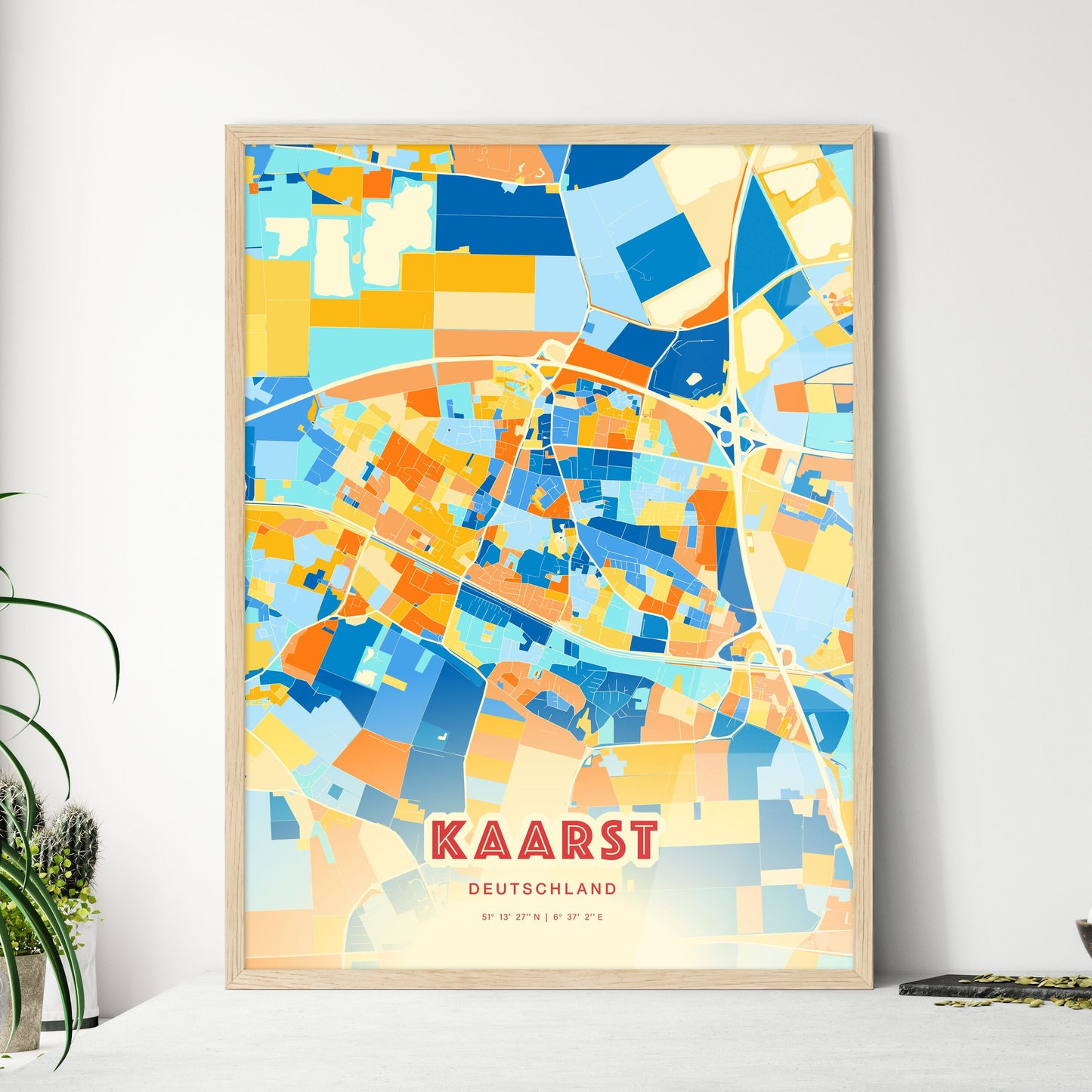 Colorful KAARST GERMANY Fine Art Map Blue Orange