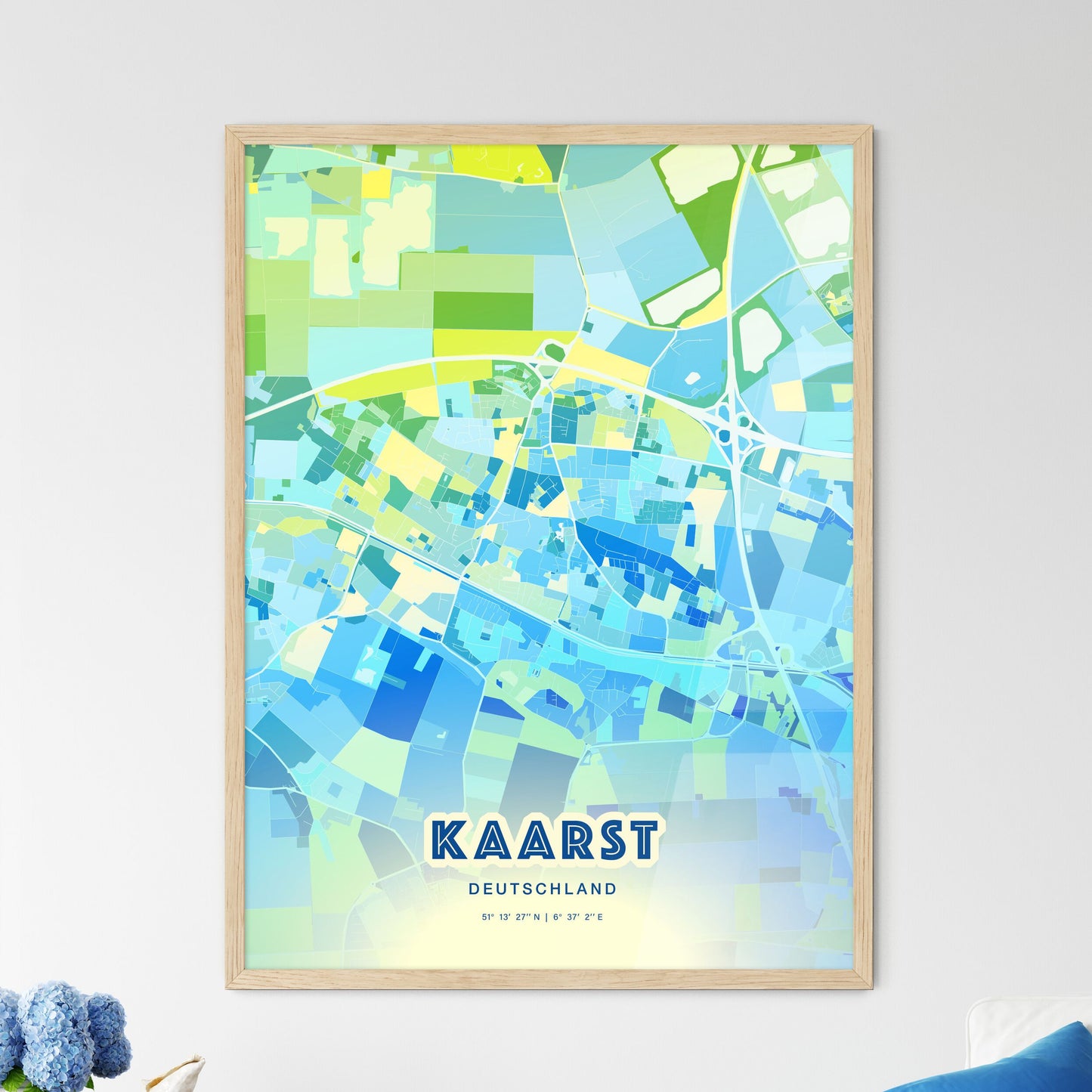 Colorful KAARST GERMANY Fine Art Map Cool Blue