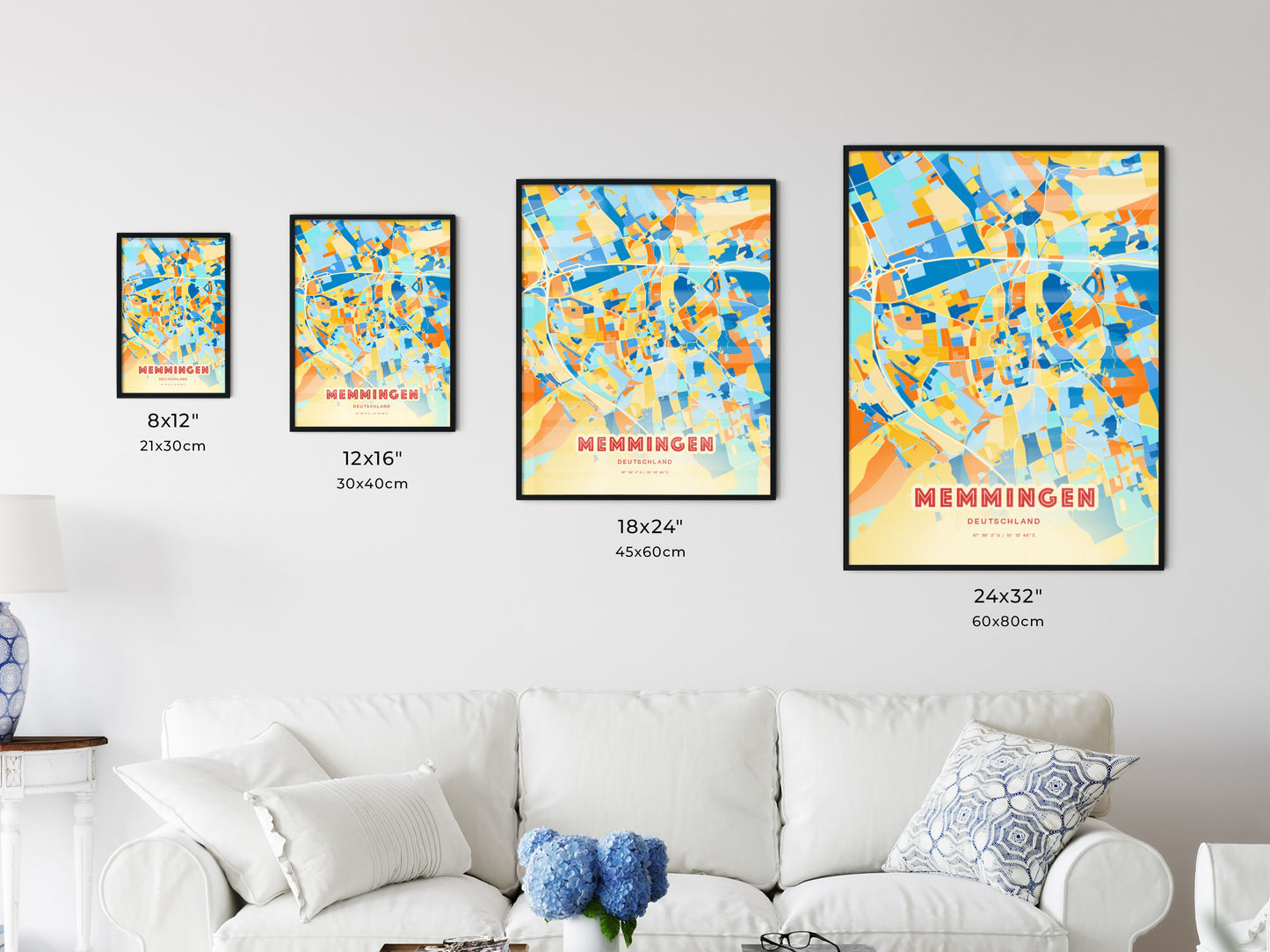 Colorful MEMMINGEN GERMANY Fine Art Map Blue Orange