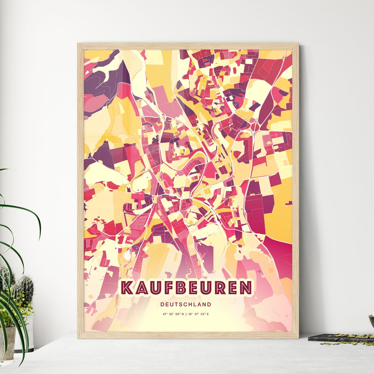 Colorful KAUFBEUREN GERMANY Fine Art Map Hot Red