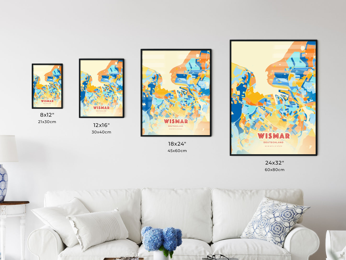 Colorful WISMAR GERMANY Fine Art Map Blue Orange