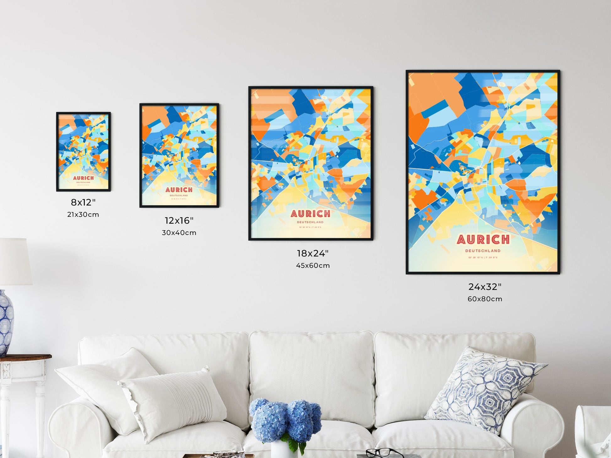 Colorful AURICH GERMANY Fine Art Map Blue Orange