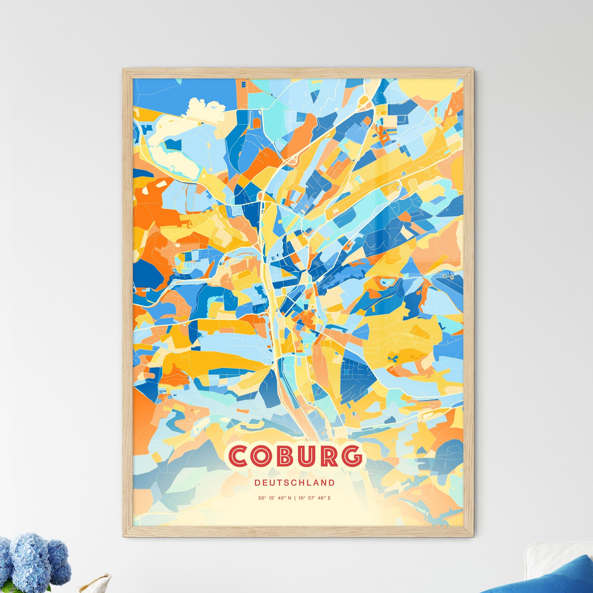 Colorful COBURG GERMANY Fine Art Map Blue Orange