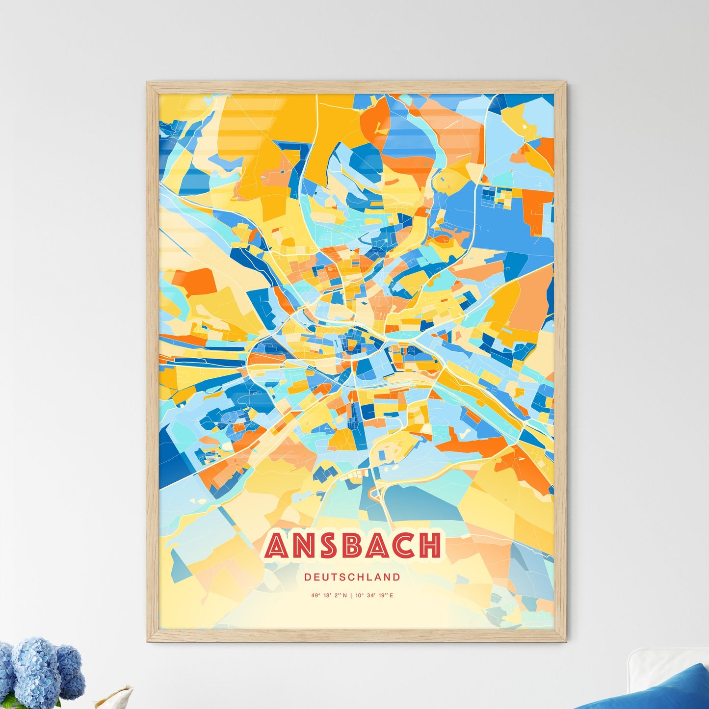 Colorful ANSBACH GERMANY Fine Art Map Blue Orange