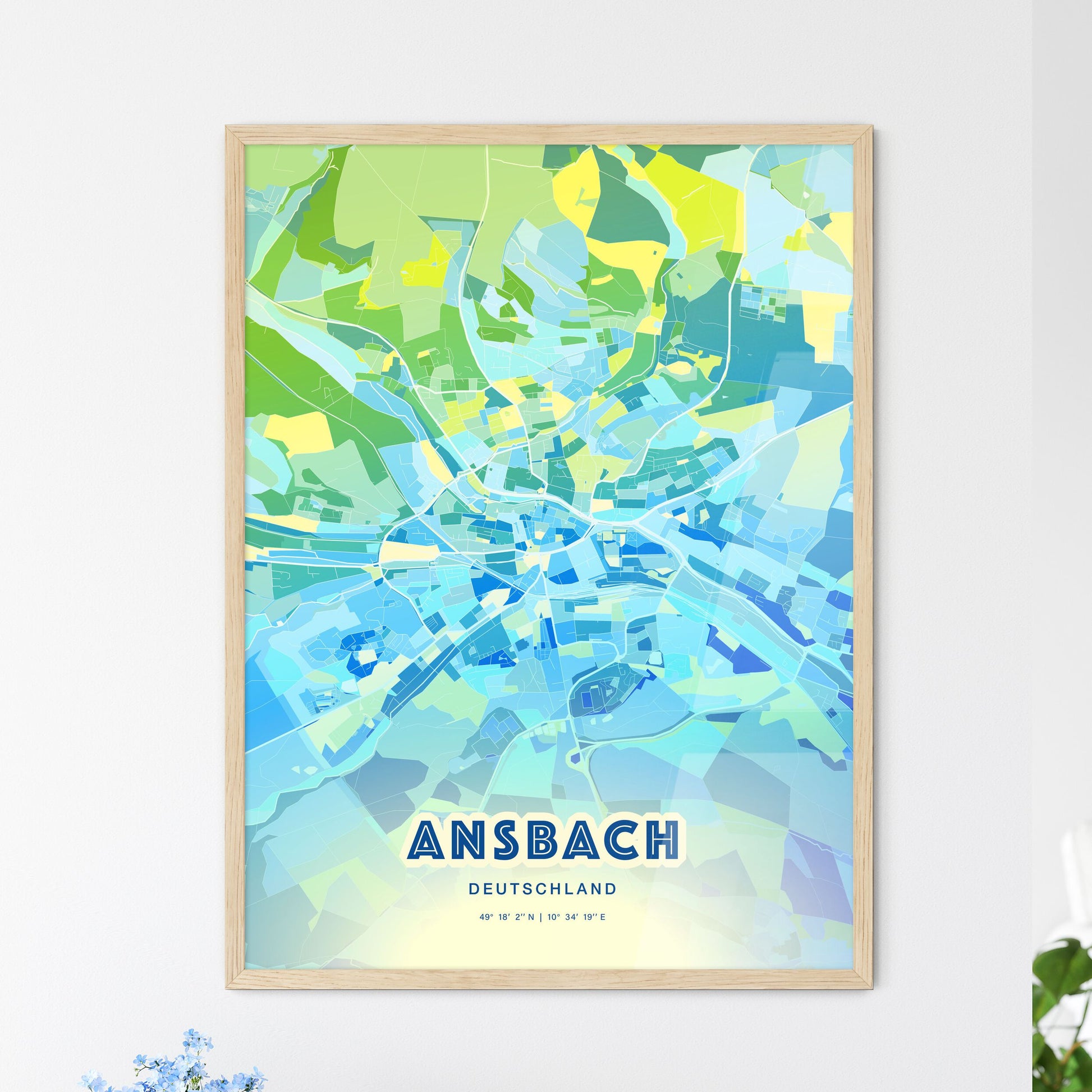 Colorful ANSBACH GERMANY Fine Art Map Cool Blue