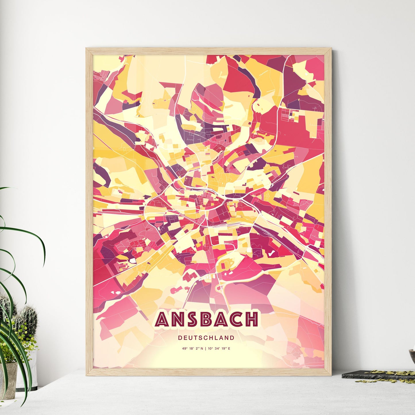 Colorful ANSBACH GERMANY Fine Art Map Hot Red