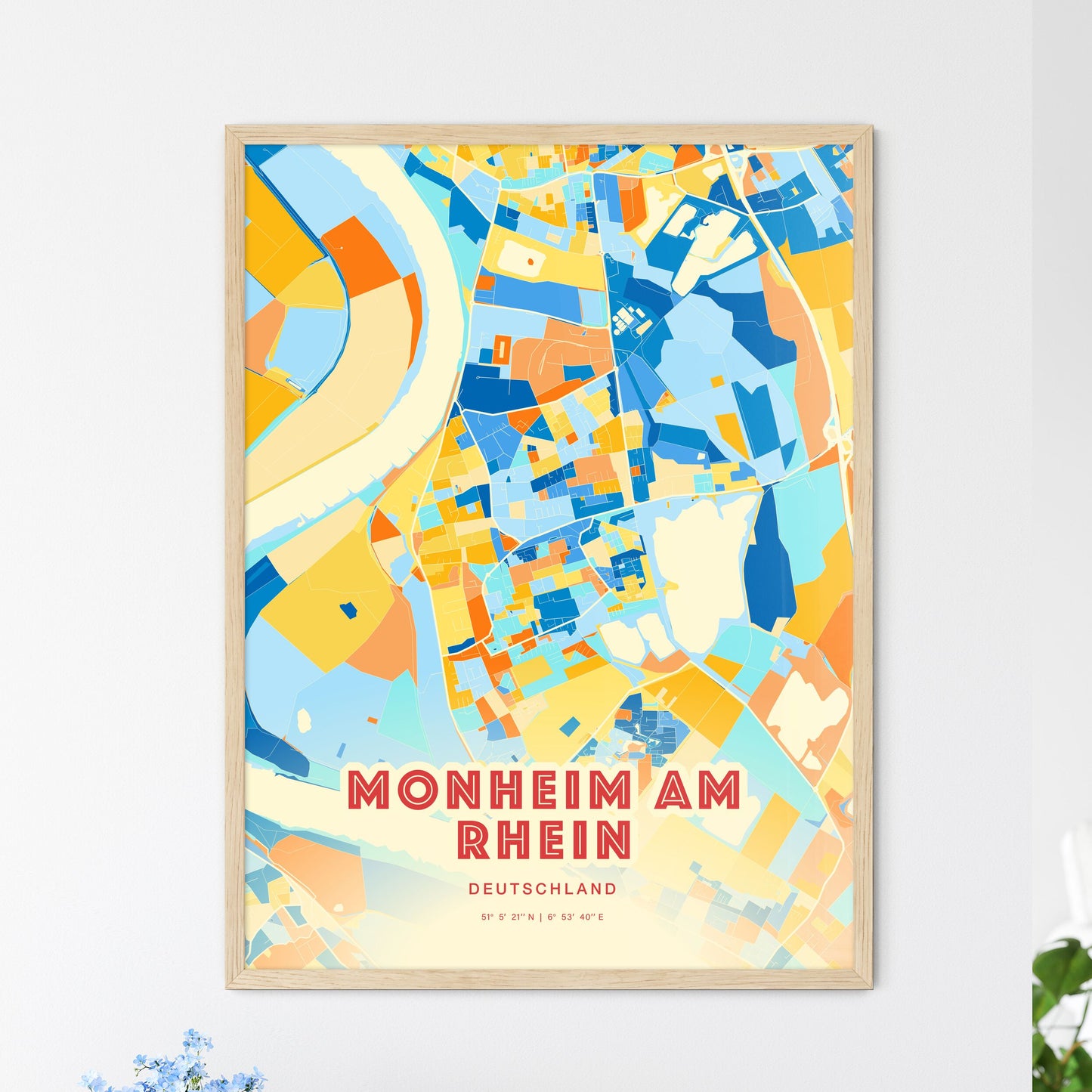 Colorful MONHEIM AM RHEIN GERMANY Fine Art Map Blue Orange