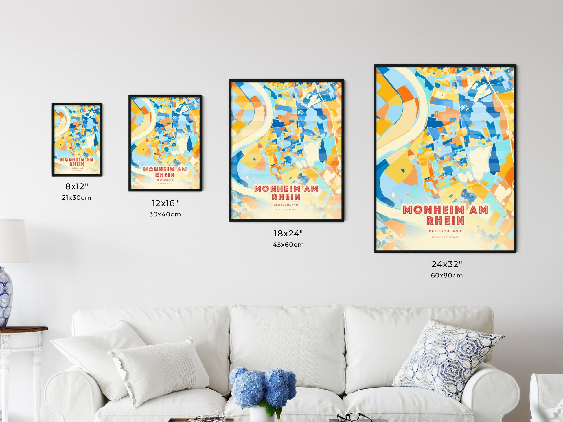 Colorful MONHEIM AM RHEIN GERMANY Fine Art Map Blue Orange