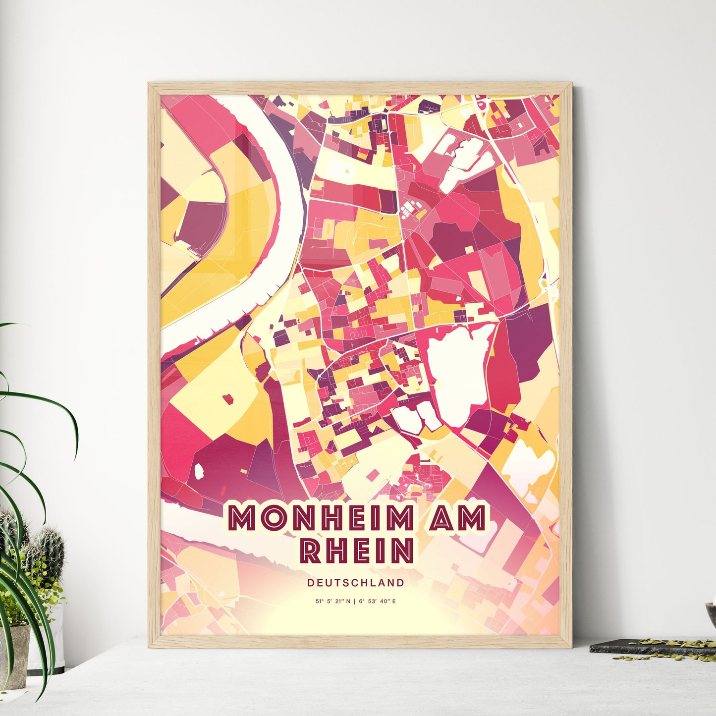 Colorful MONHEIM AM RHEIN GERMANY Fine Art Map Hot Red