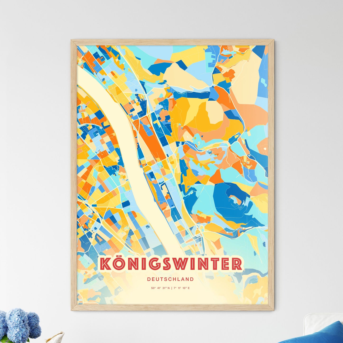 Colorful KONIGSWINTER GERMANY Fine Art Map Blue Orange