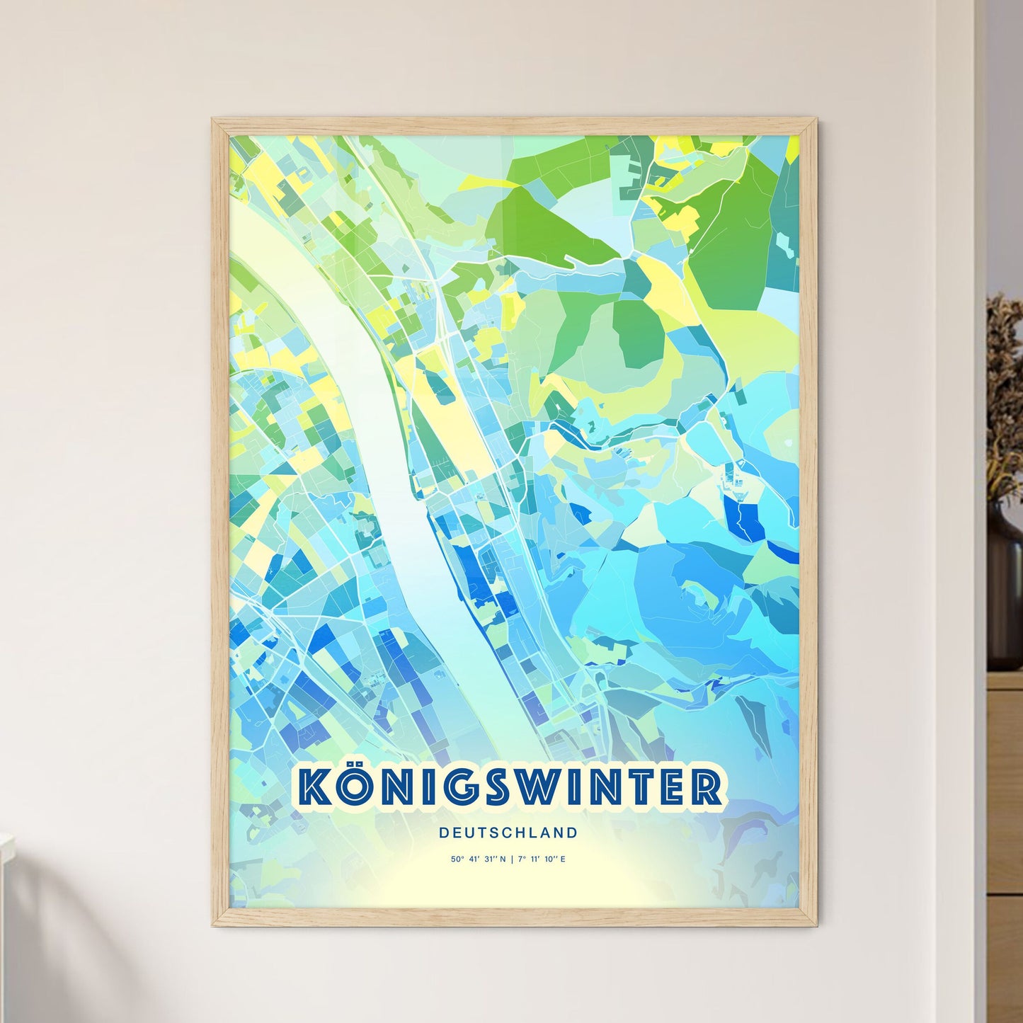 Colorful KONIGSWINTER GERMANY Fine Art Map Cool Blue