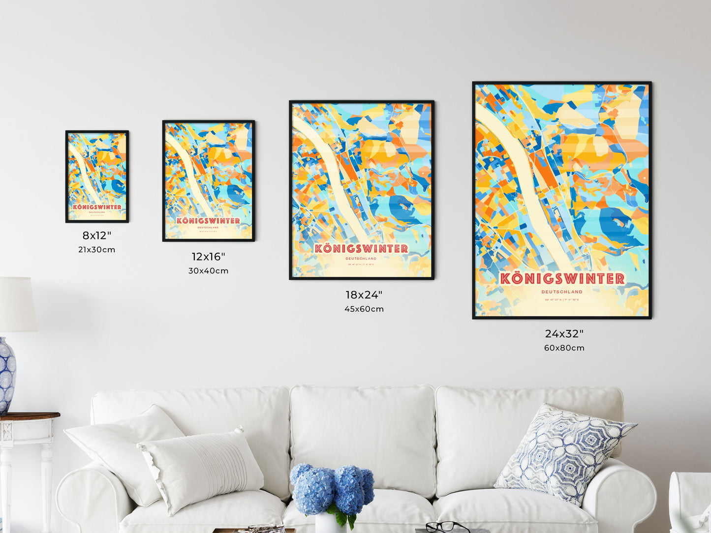 Colorful KONIGSWINTER GERMANY Fine Art Map Blue Orange