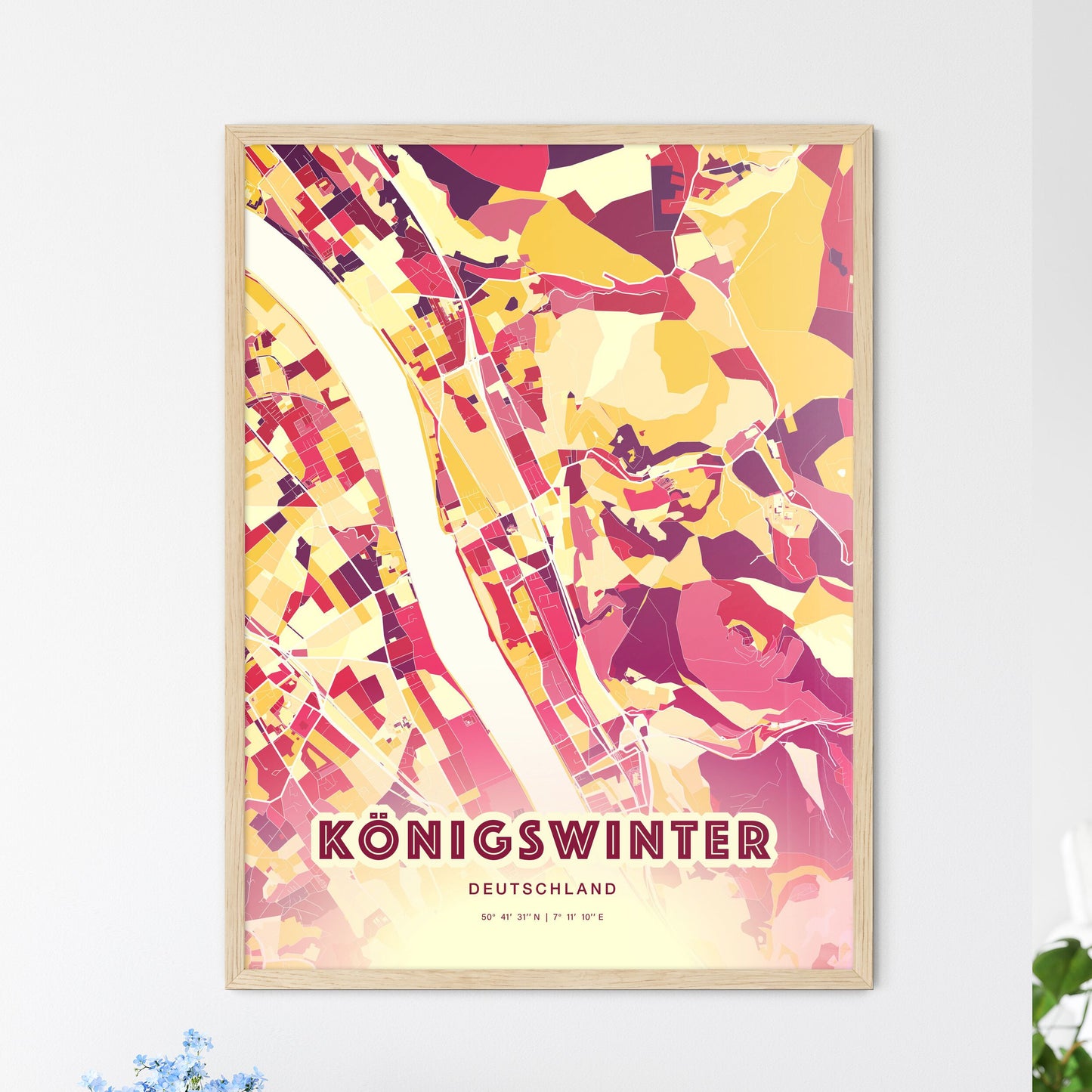 Colorful KONIGSWINTER GERMANY Fine Art Map Hot Red