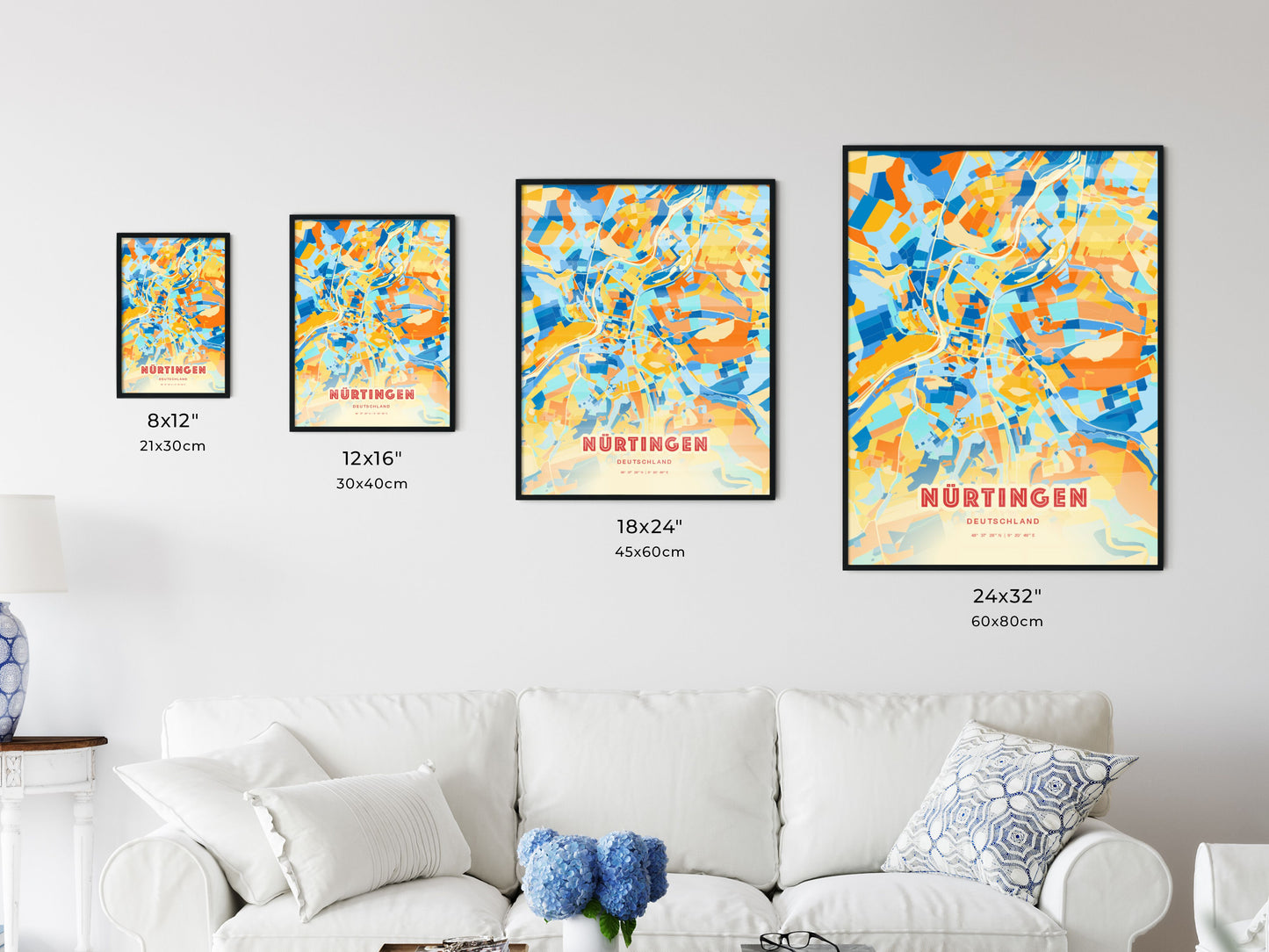 Colorful NURTINGEN GERMANY Fine Art Map Blue Orange