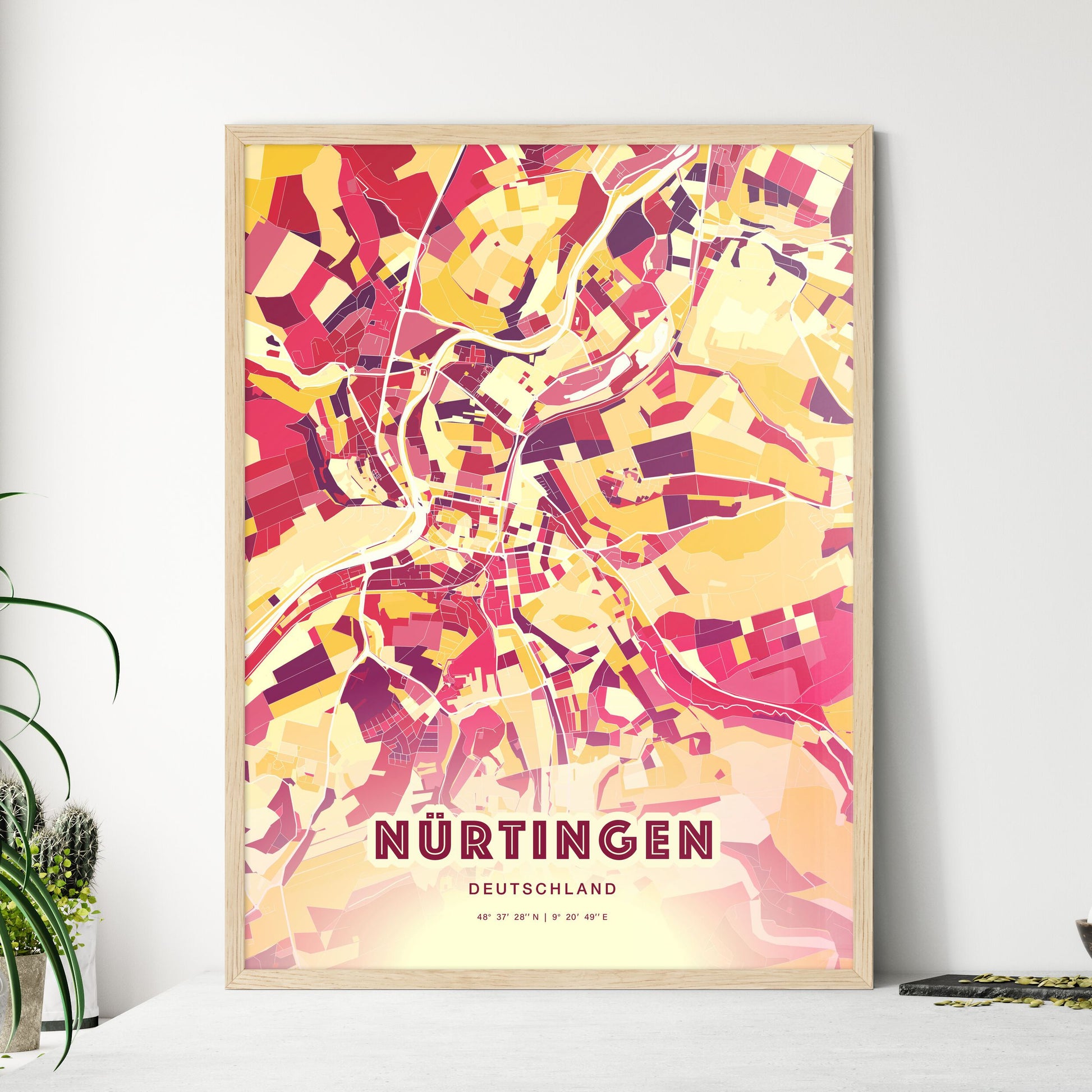 Colorful NURTINGEN GERMANY Fine Art Map Hot Red