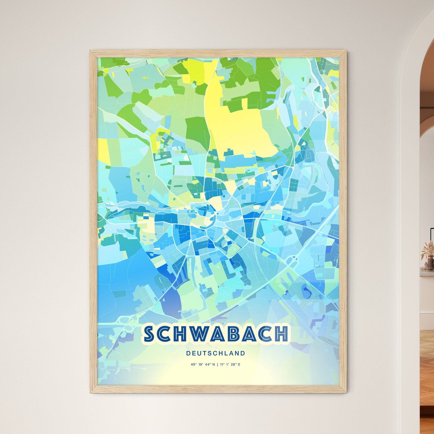 Colorful SCHWABACH GERMANY Fine Art Map Cool Blue