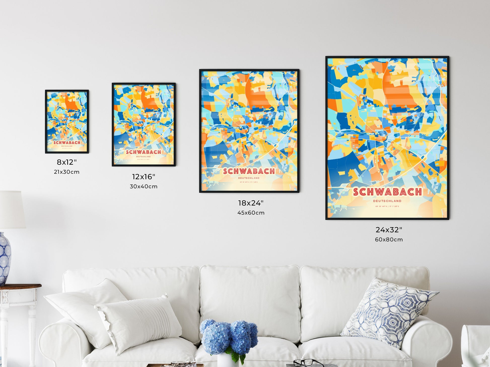 Colorful SCHWABACH GERMANY Fine Art Map Blue Orange