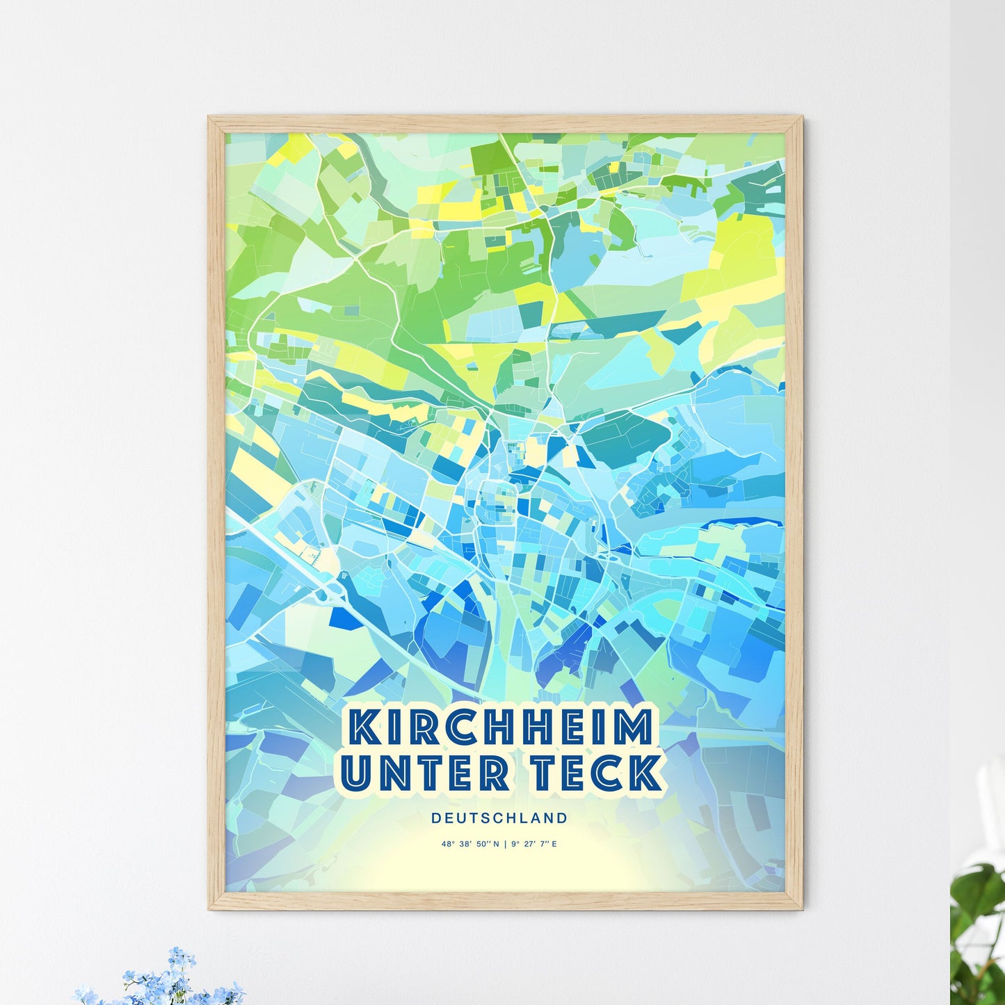 Colorful KIRCHHEIM UNTER TECK GERMANY Fine Art Map Cool Blue