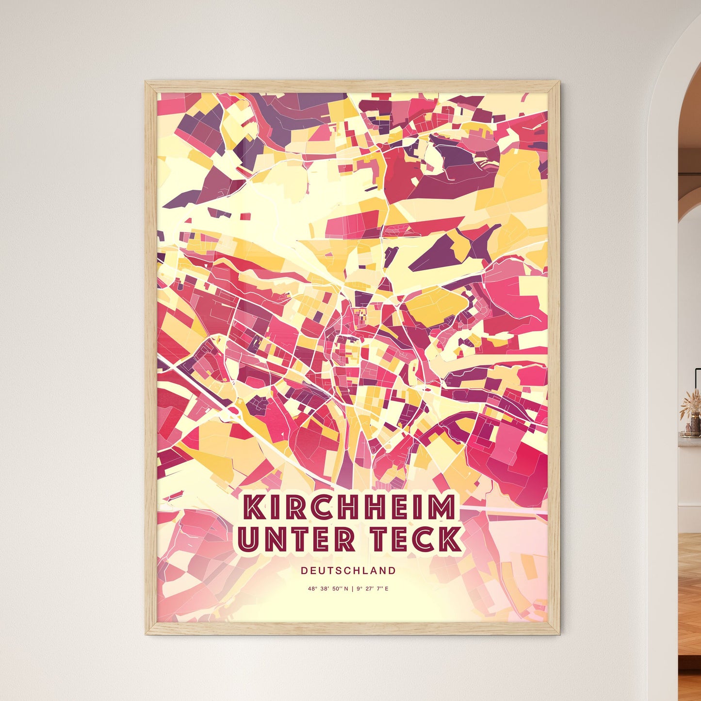 Colorful KIRCHHEIM UNTER TECK GERMANY Fine Art Map Hot Red